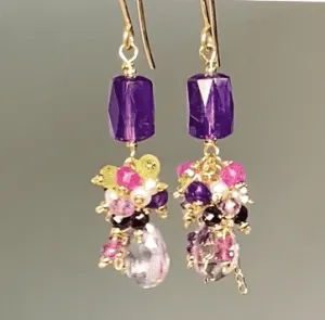 Amethyst Dangle Earrings, Multi Gemstone Cluster Earrings