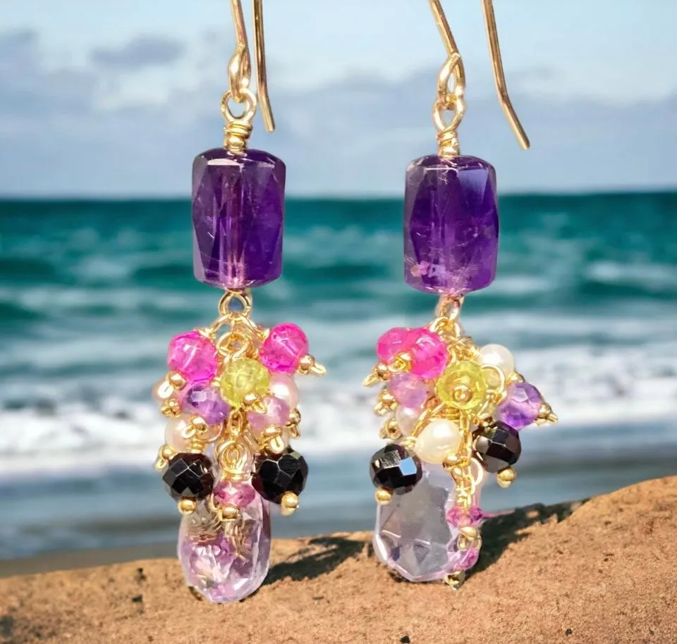 Amethyst Dangle Earrings, Multi Gemstone Cluster Earrings