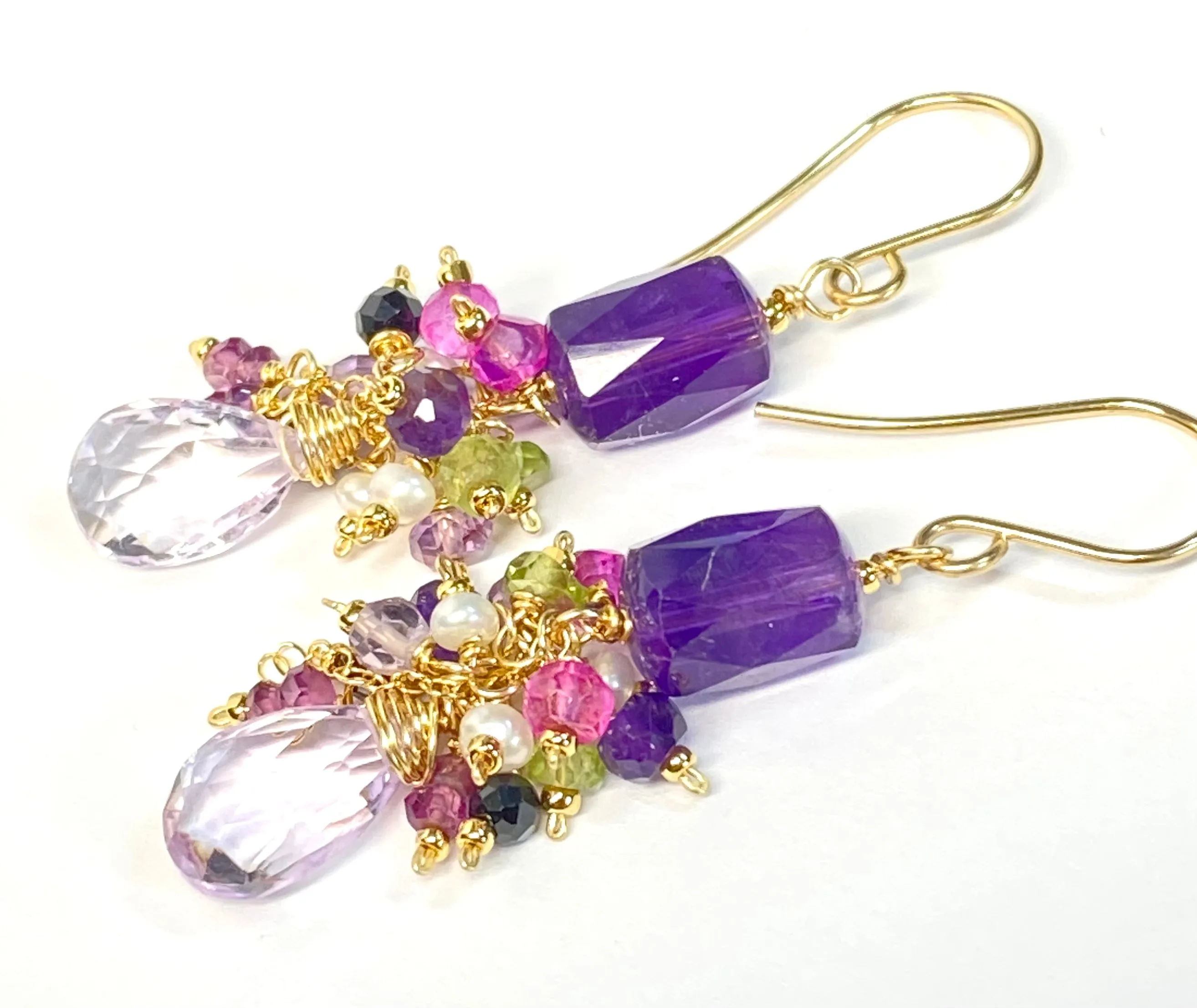 Amethyst Dangle Earrings, Multi Gemstone Cluster Earrings