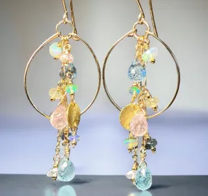 Aquamarine Gemstone Dangle Gold Fill Hoop Chandelier Earrings with Opals