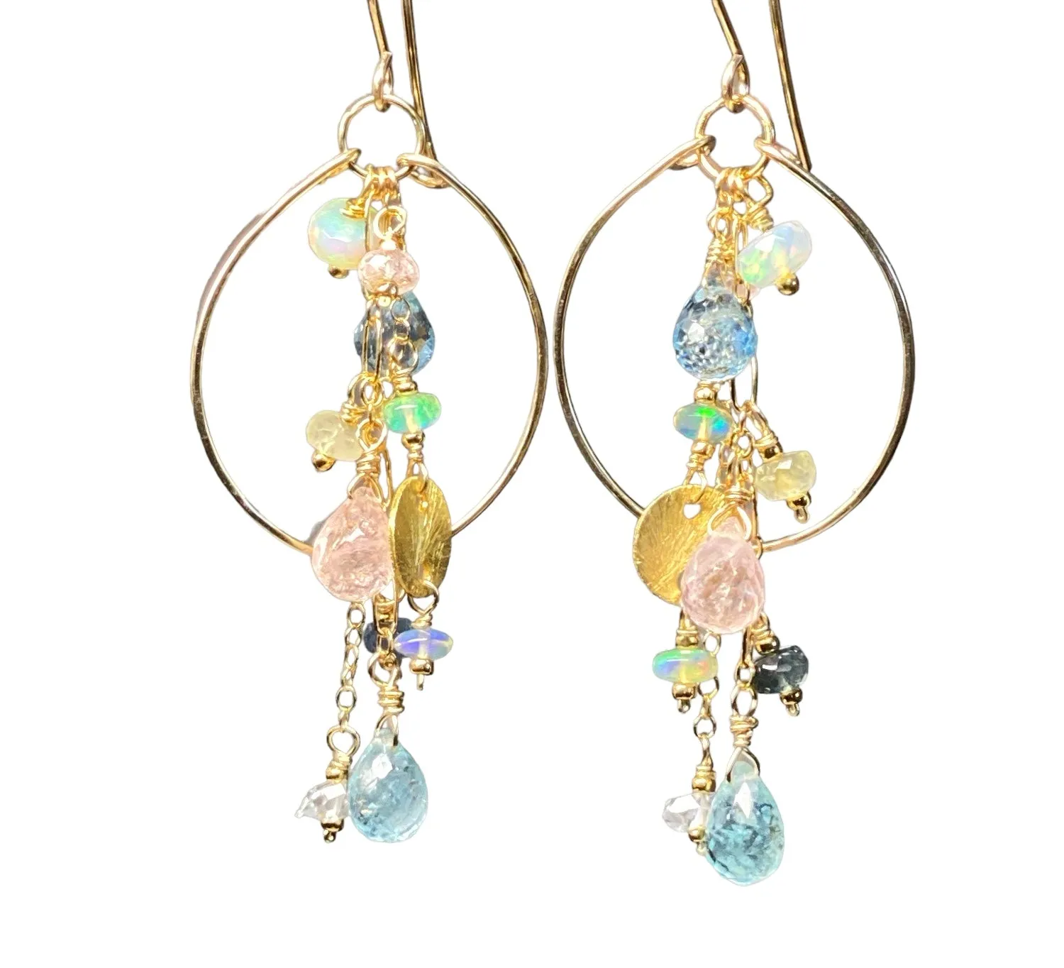 Aquamarine Gemstone Dangle Gold Fill Hoop Chandelier Earrings with Opals