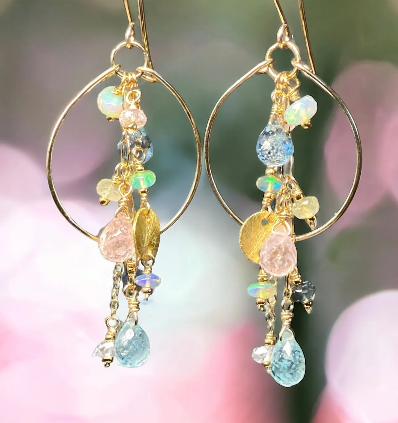 Aquamarine Gemstone Dangle Gold Fill Hoop Chandelier Earrings with Opals