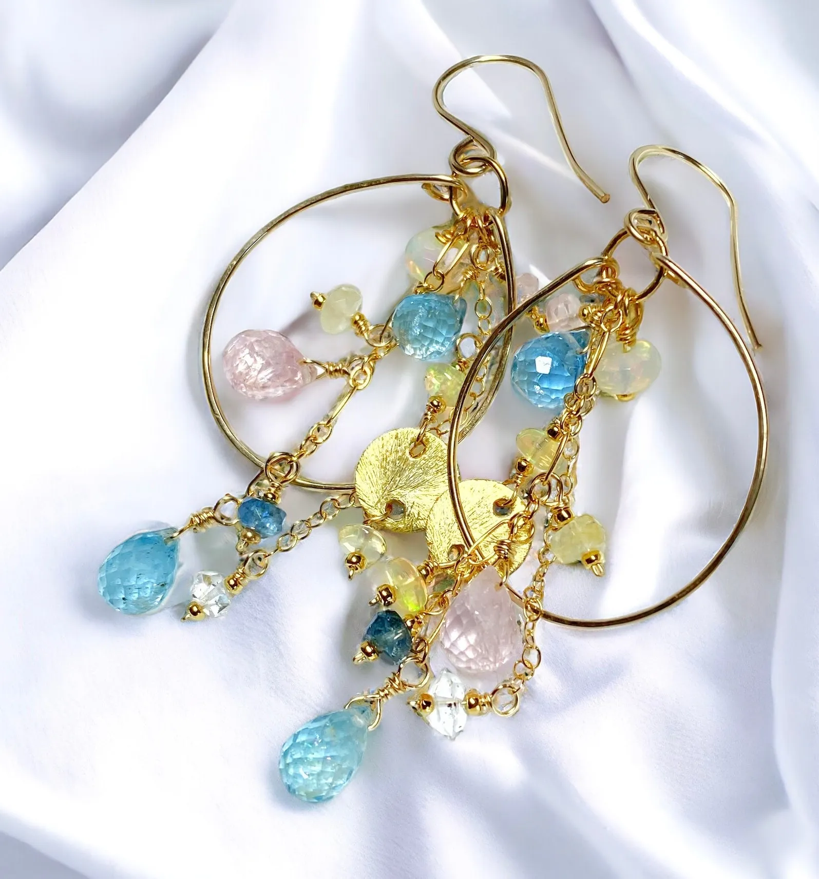 Aquamarine Gemstone Dangle Gold Fill Hoop Chandelier Earrings with Opals