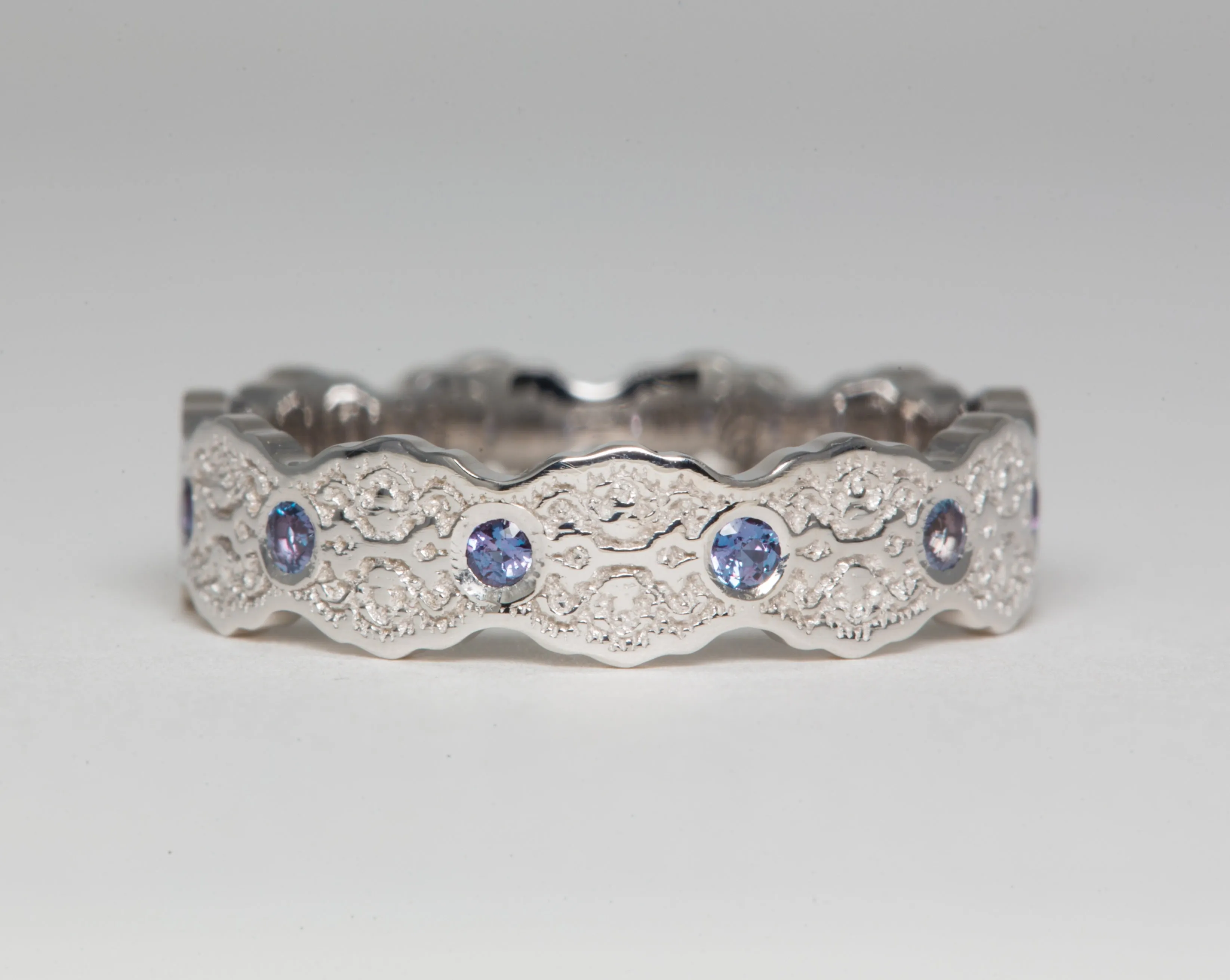 Aria Lace Wedding Ring with Alexandrites in 14k White Gold - Size 5
