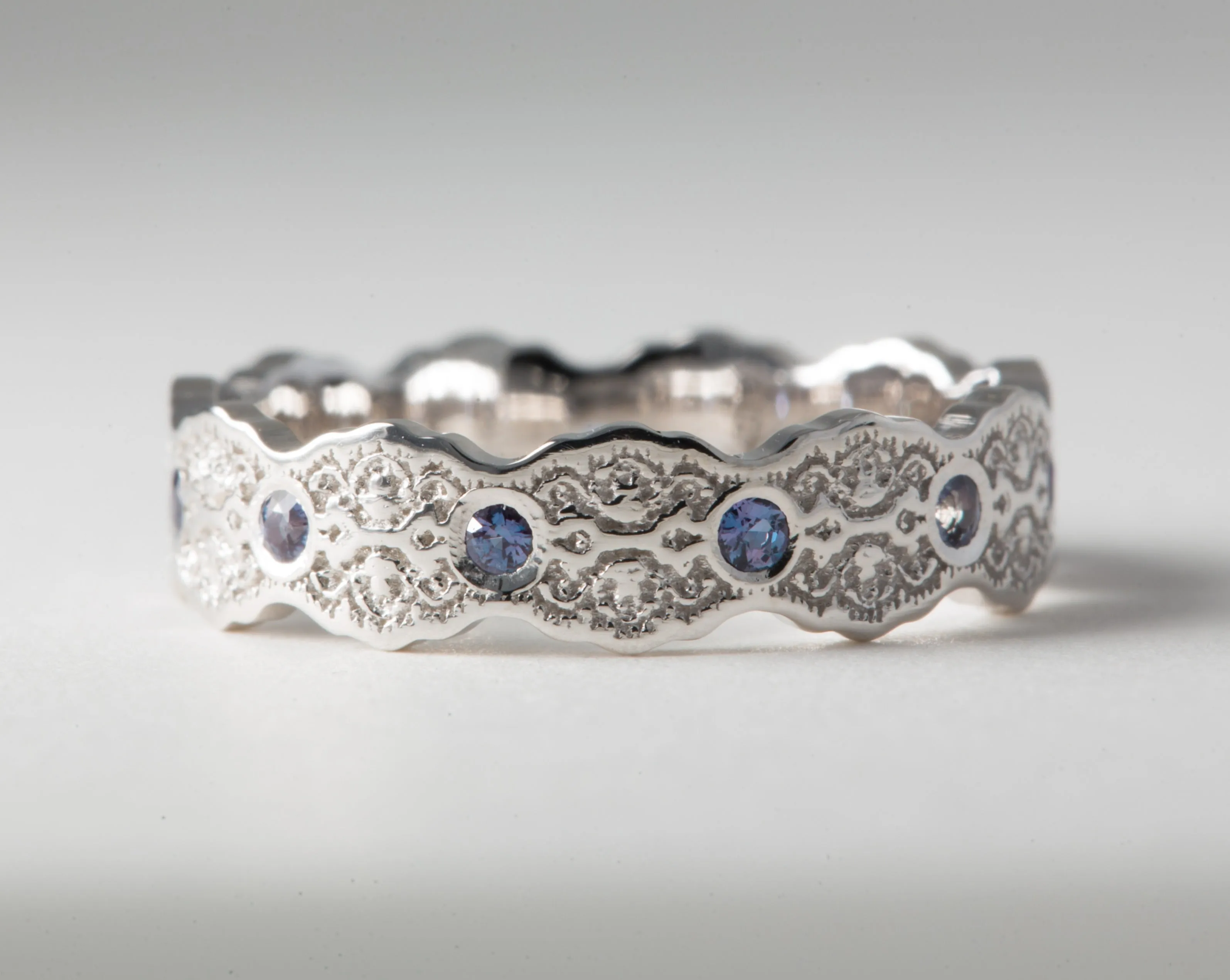Aria Lace Wedding Ring with Alexandrites in 14k White Gold - Size 5