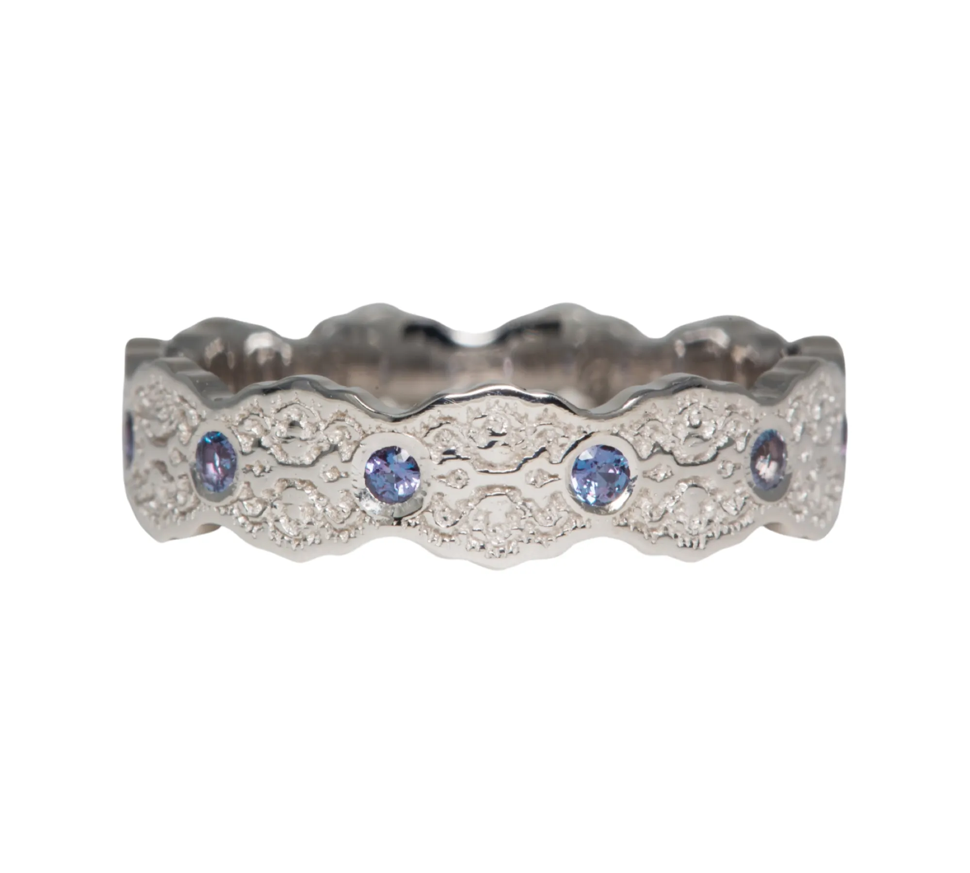 Aria Lace Wedding Ring with Alexandrites in 14k White Gold - Size 5