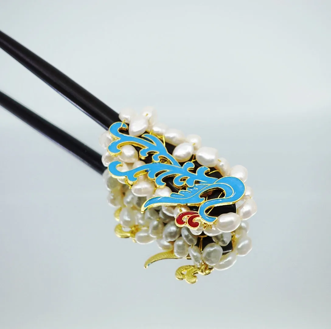 Auspicious Baroque Pearl Enamel Wood Hair Stick