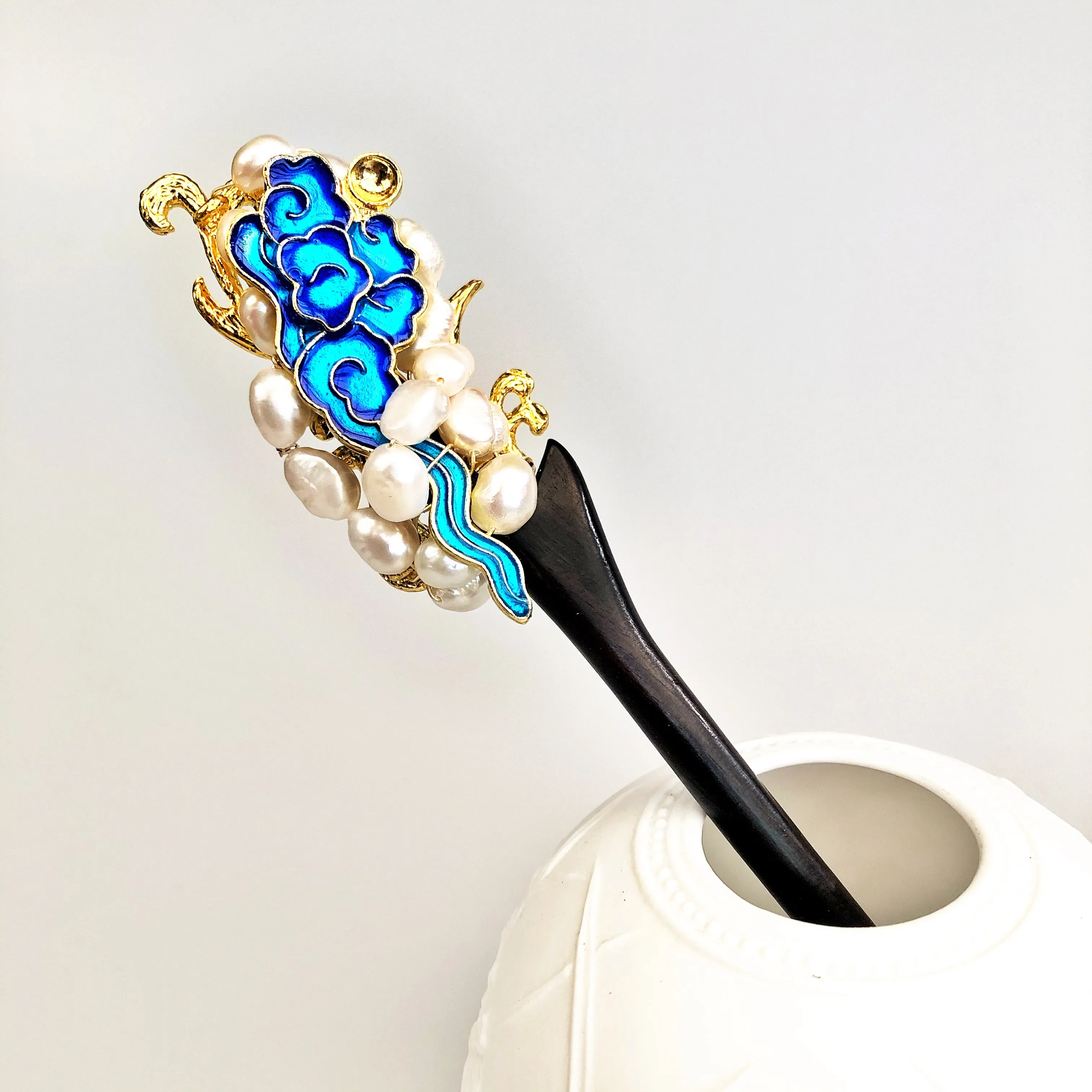 Auspicious Baroque Pearl Enamel Wood Hair Stick