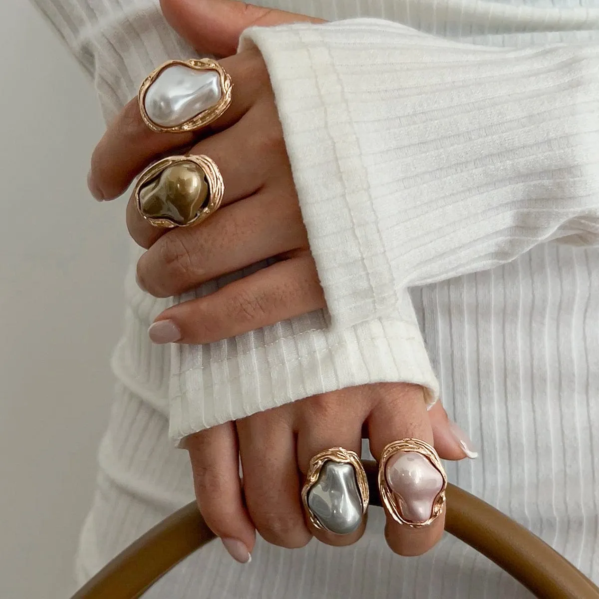 Baroque Gold Plated Irregular Pearl Inlaid Adjustable Ring