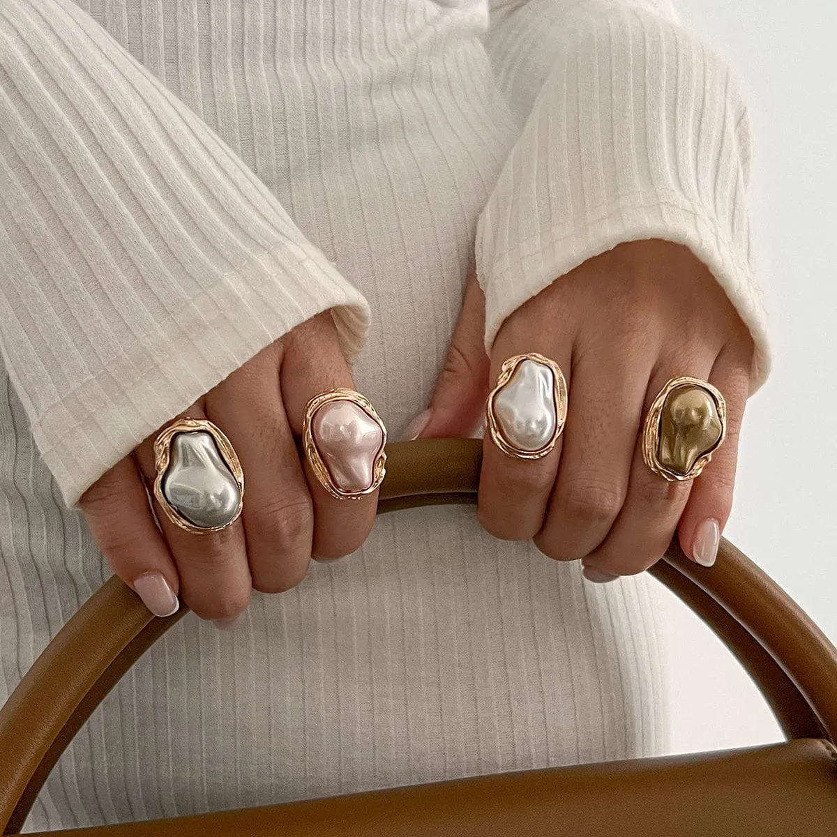 Baroque Gold Plated Irregular Pearl Inlaid Adjustable Ring