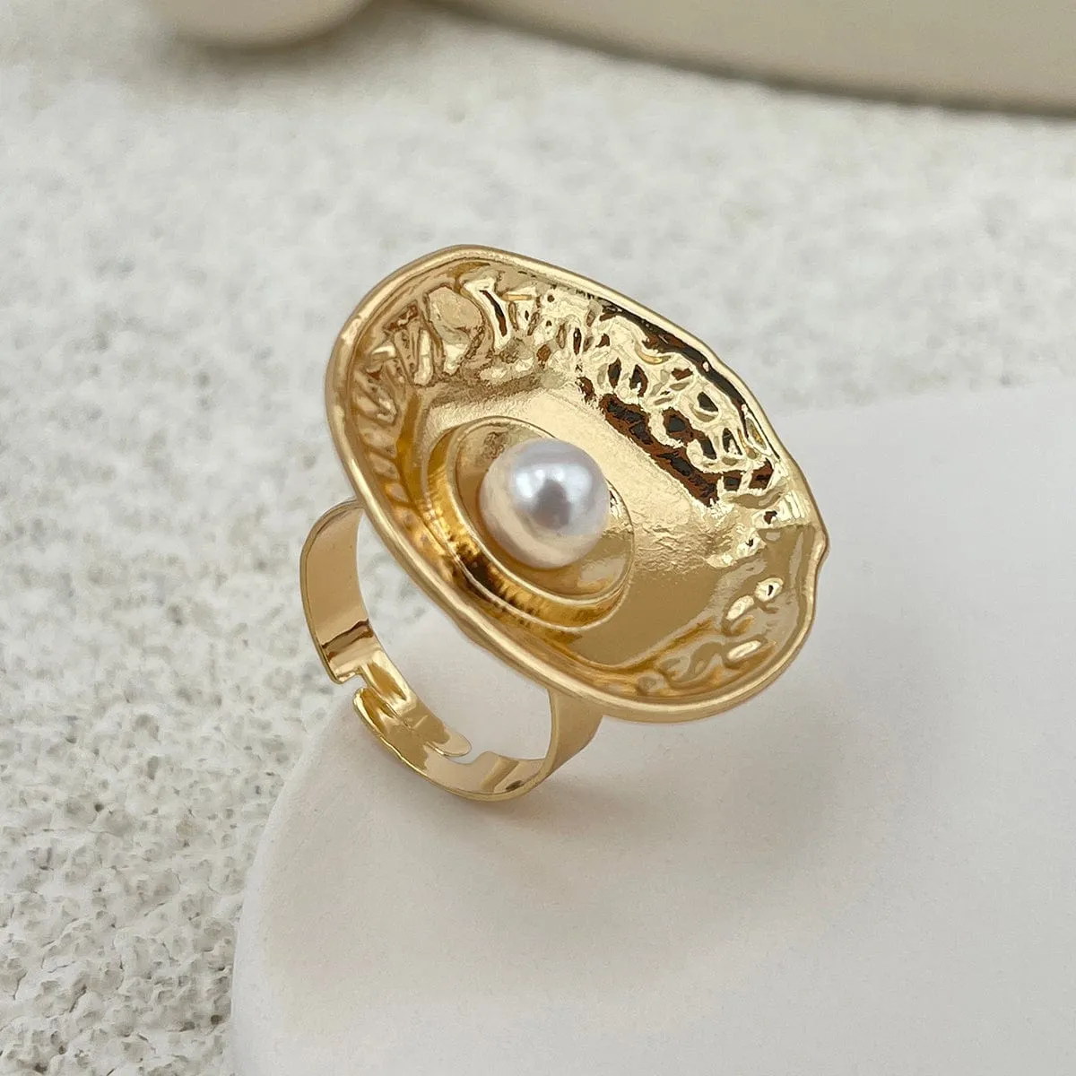 Baroque Textured Round Disk Flower Hollow Oval Square Pearl Ring Set