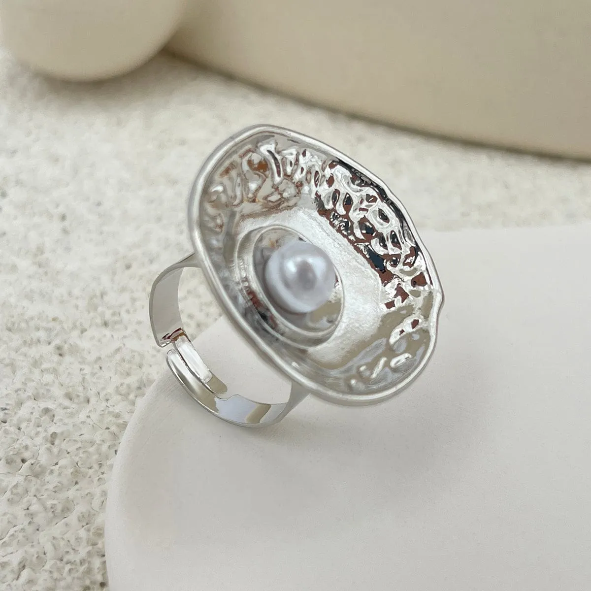 Baroque Textured Round Disk Flower Hollow Oval Square Pearl Ring Set