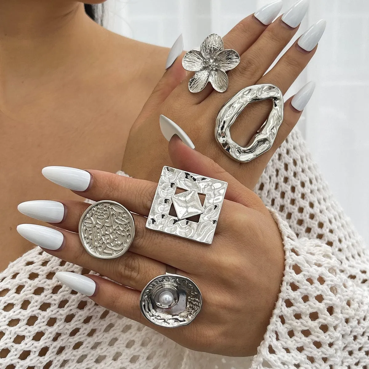 Baroque Textured Round Disk Flower Hollow Oval Square Pearl Ring Set