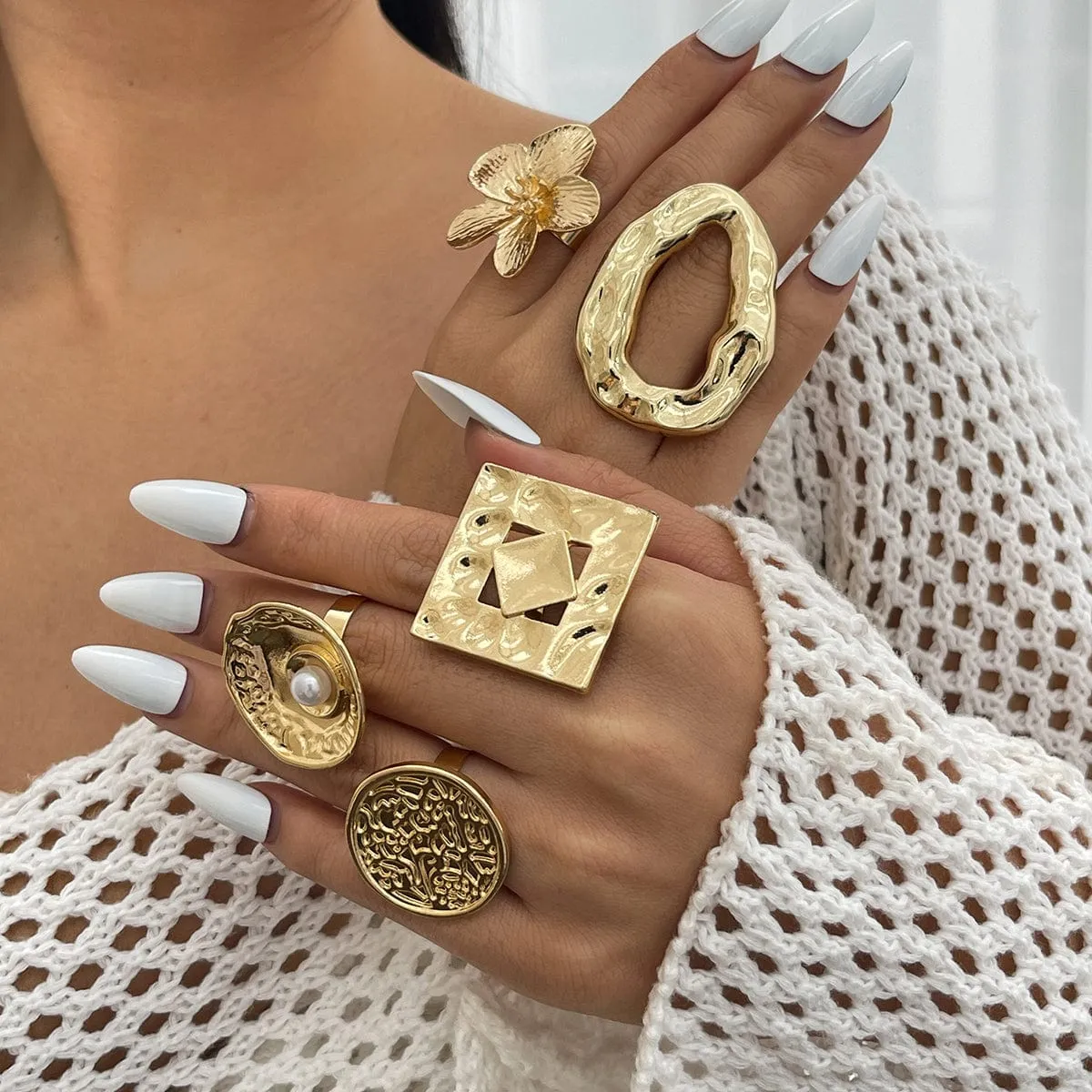 Baroque Textured Round Disk Flower Hollow Oval Square Pearl Ring Set