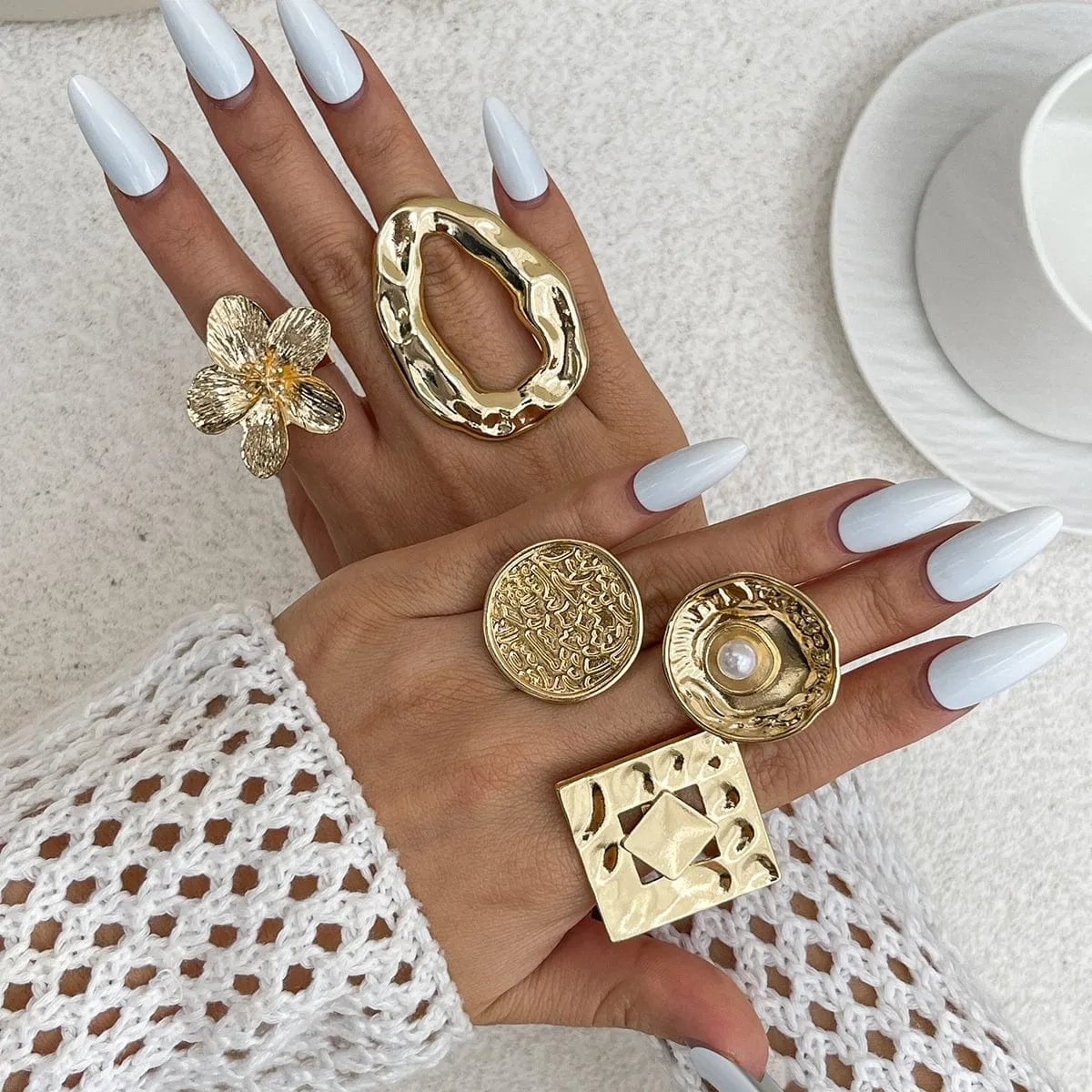 Baroque Textured Round Disk Flower Hollow Oval Square Pearl Ring Set