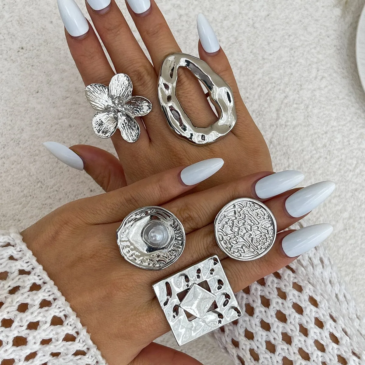 Baroque Textured Round Disk Flower Hollow Oval Square Pearl Ring Set