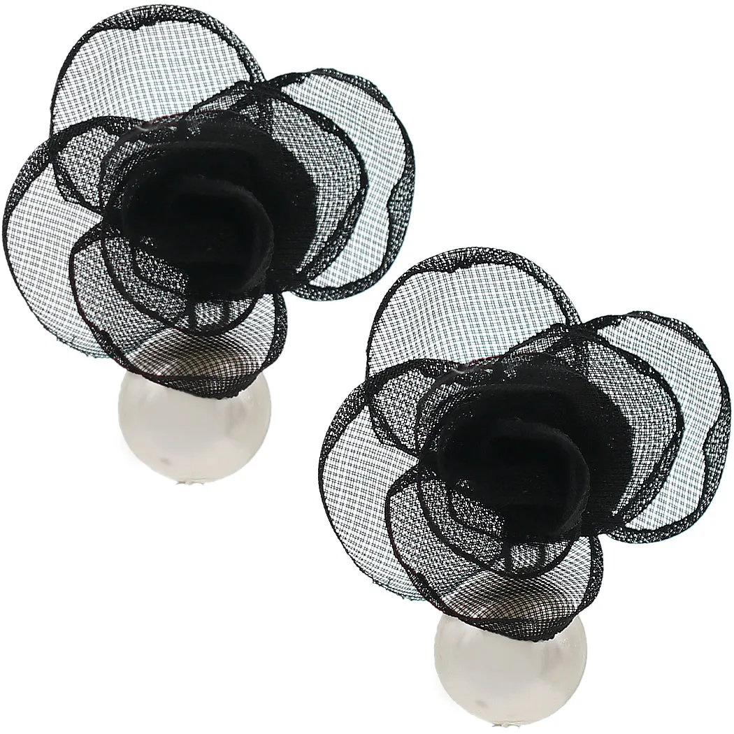 Black Tulle Faux Pearl Stud Earrings