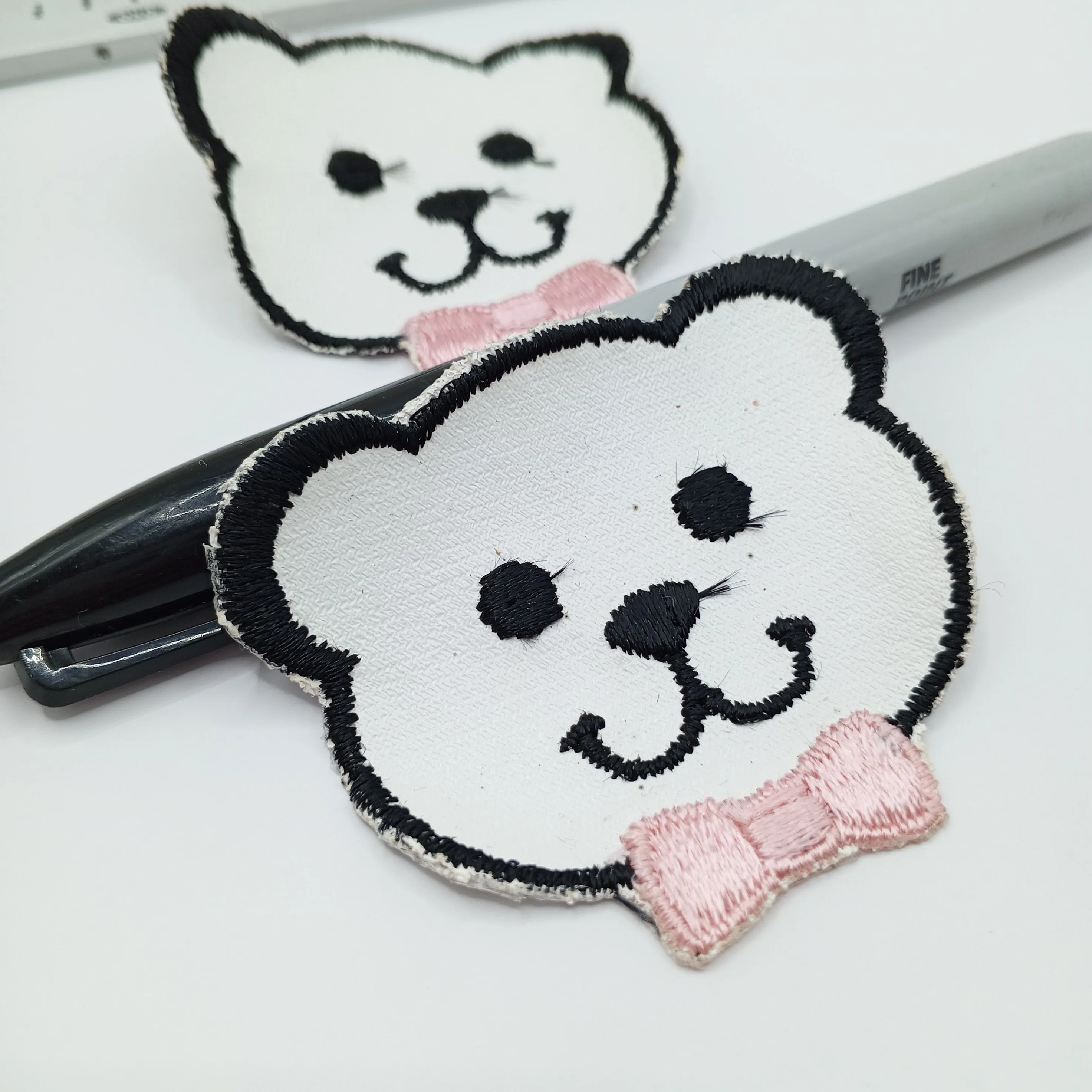 Black White Bear Iron on Patches with pink ribbon appliques #464