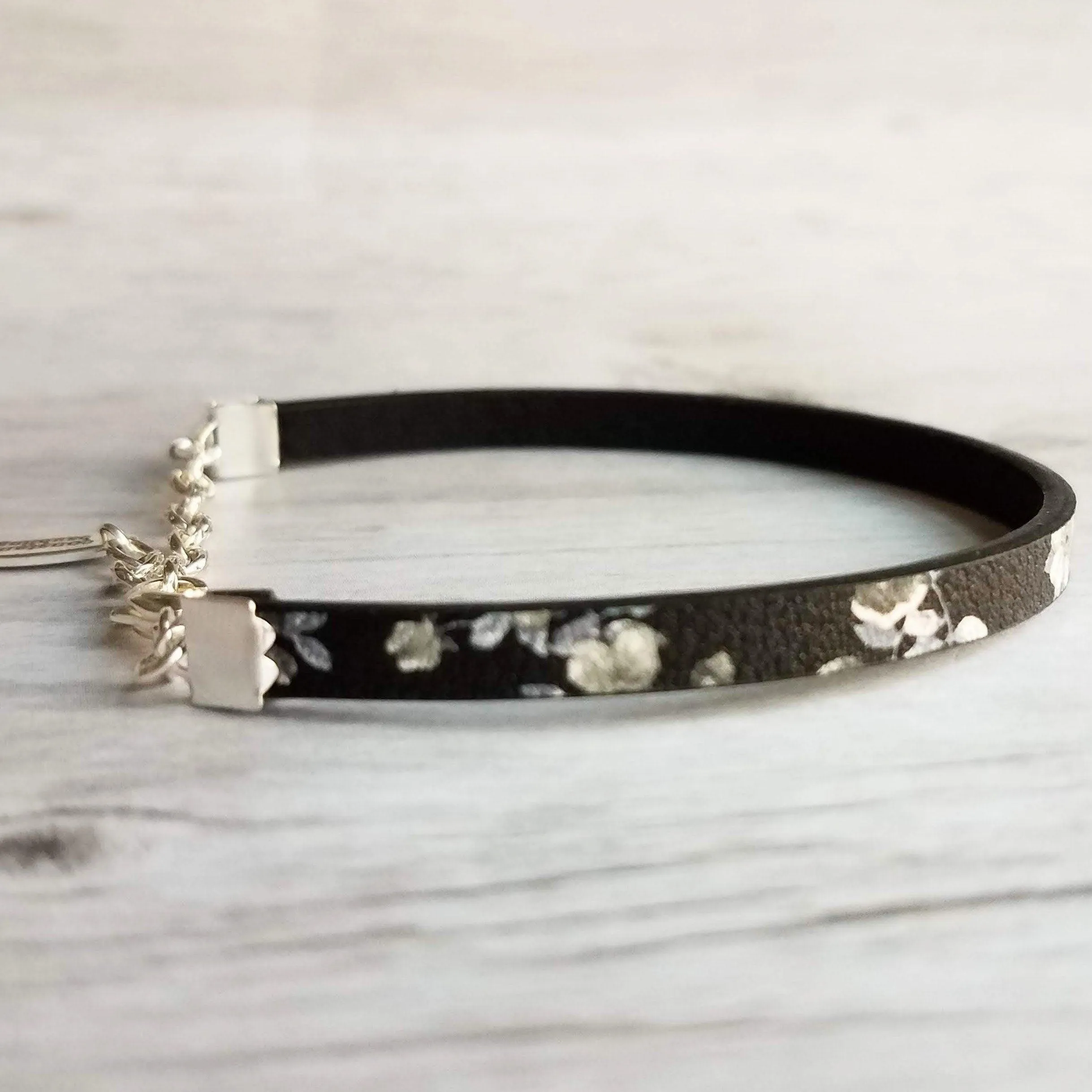 Black Wrap Bracelet, vegan leather bracelet, flat cord bracelet, black floral print, thin black bracelet, slim bracelet, silver chain flower