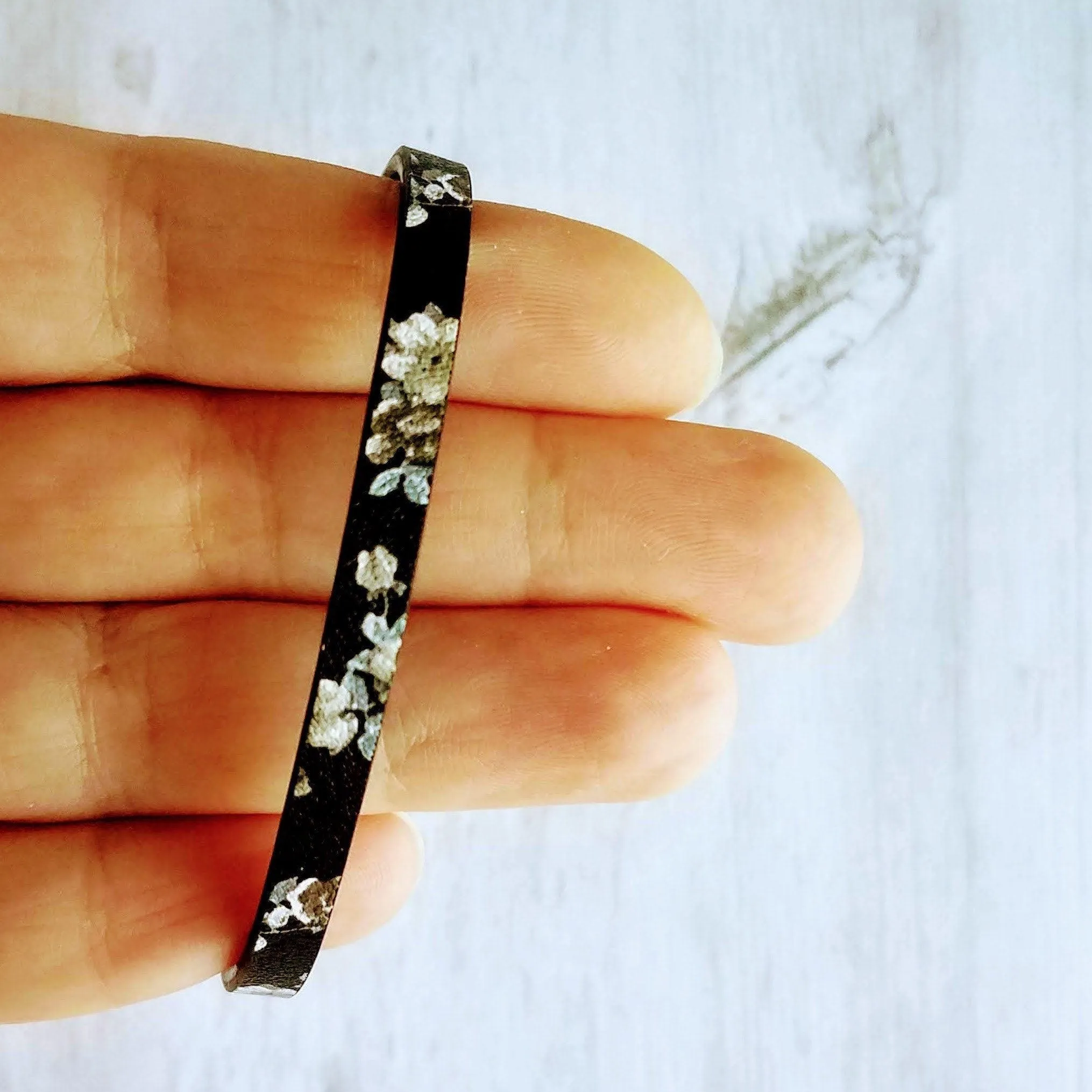 Black Wrap Bracelet, vegan leather bracelet, flat cord bracelet, black floral print, thin black bracelet, slim bracelet, silver chain flower