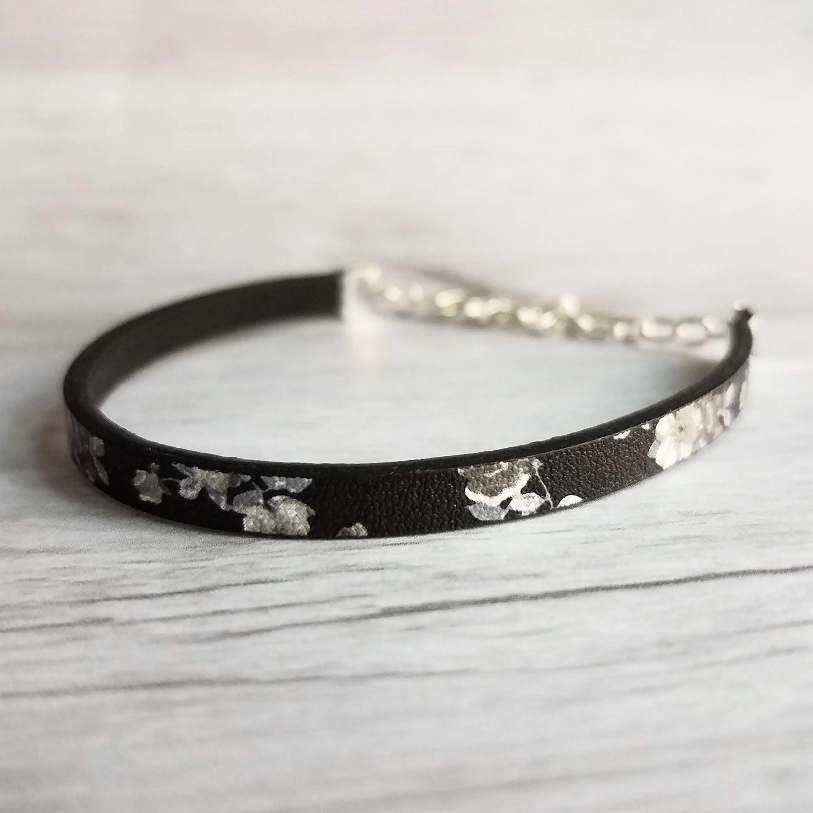 Black Wrap Bracelet, vegan leather bracelet, flat cord bracelet, black floral print, thin black bracelet, slim bracelet, silver chain flower
