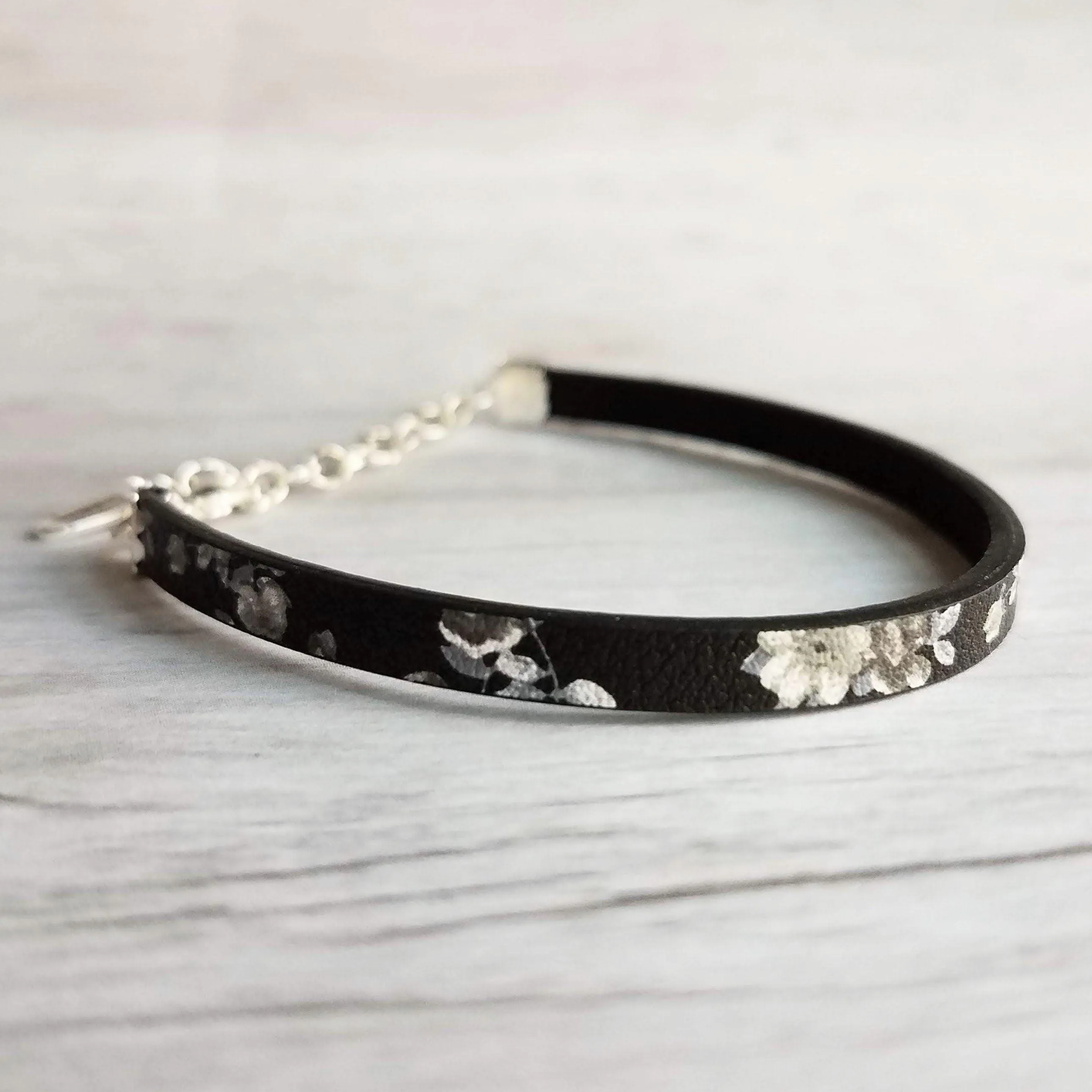 Black Wrap Bracelet, vegan leather bracelet, flat cord bracelet, black floral print, thin black bracelet, slim bracelet, silver chain flower