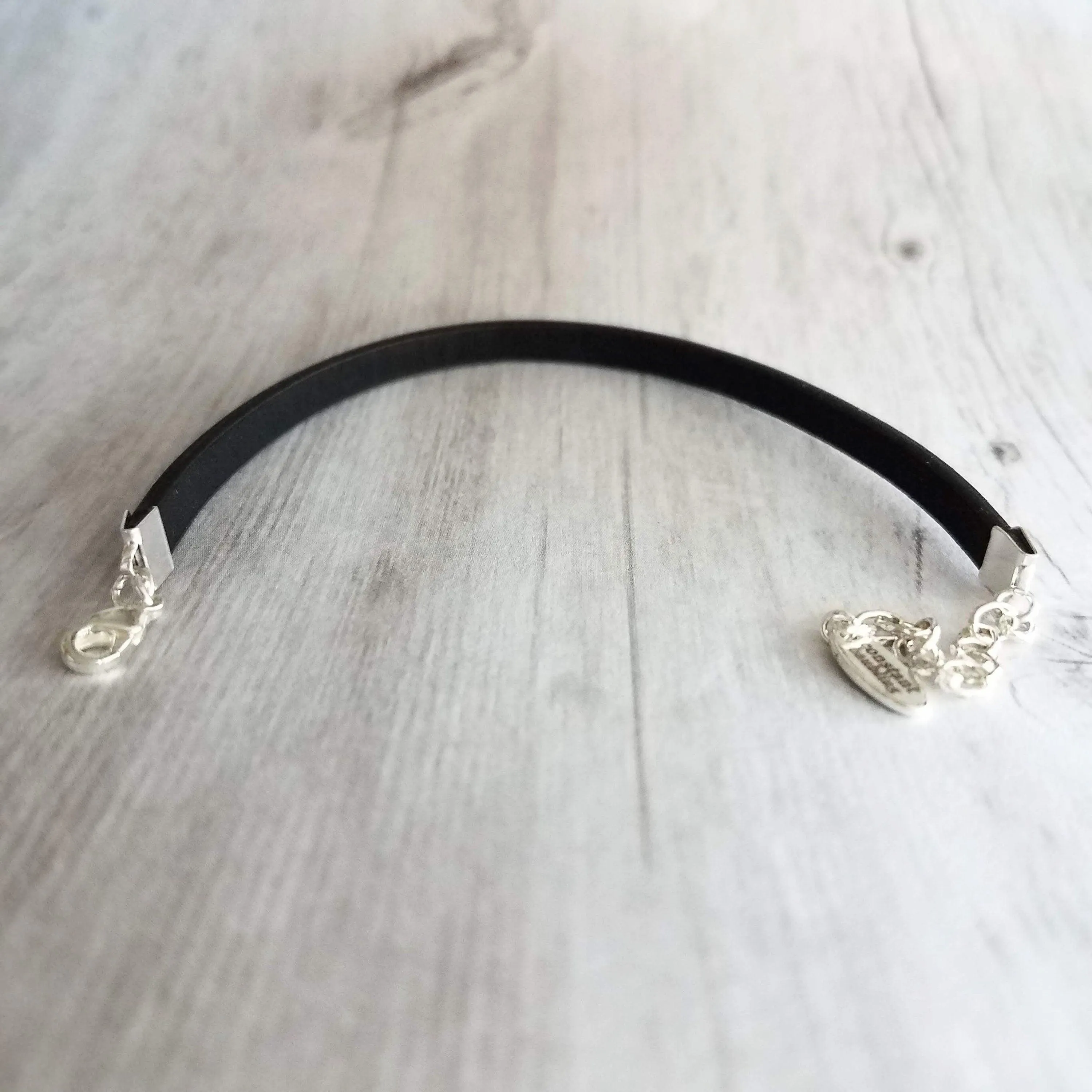 Black Wrap Bracelet, vegan leather bracelet, flat cord bracelet, black floral print, thin black bracelet, slim bracelet, silver chain flower