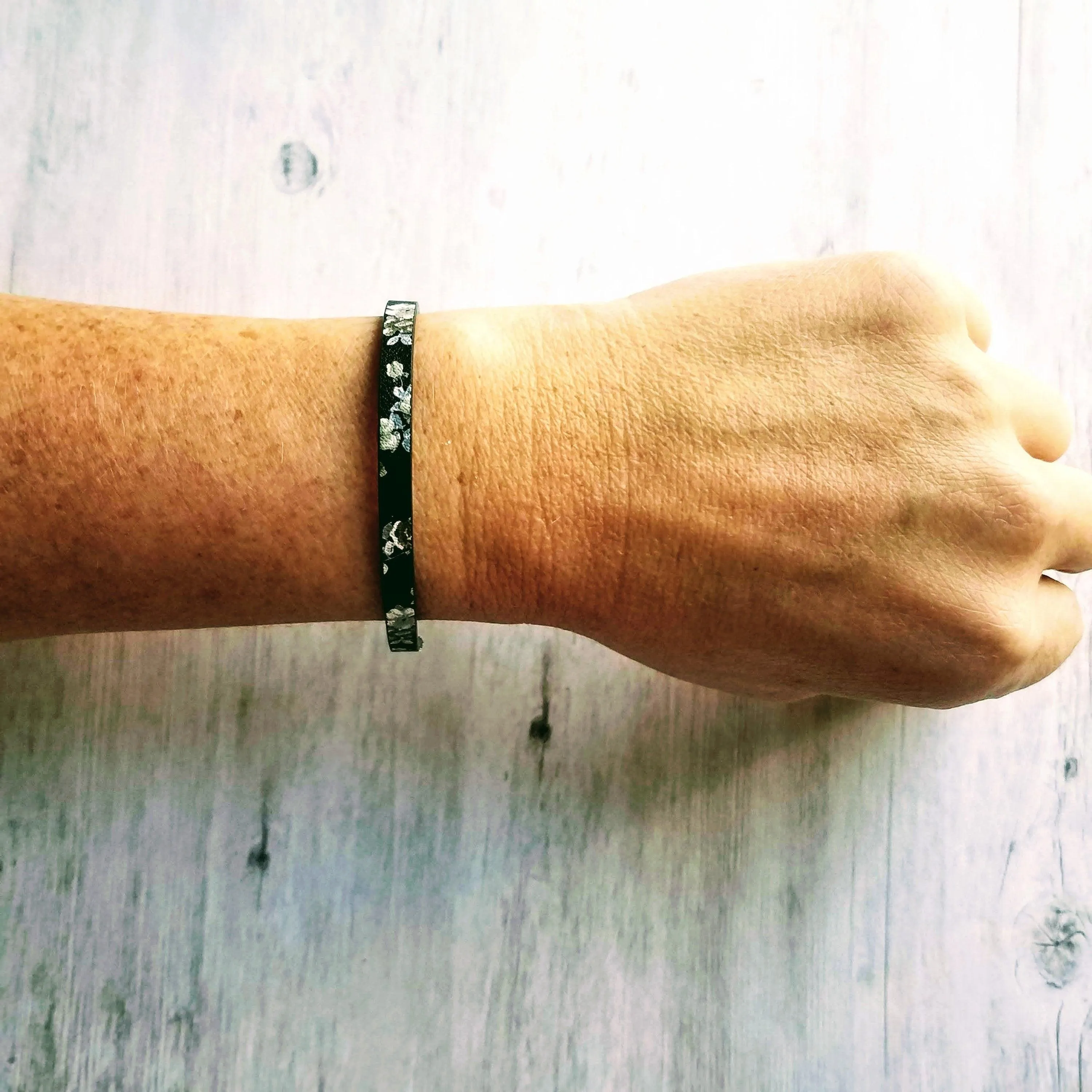 Black Wrap Bracelet, vegan leather bracelet, flat cord bracelet, black floral print, thin black bracelet, slim bracelet, silver chain flower