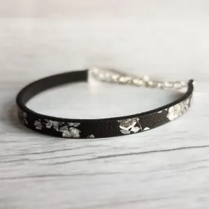 Black Wrap Bracelet, vegan leather bracelet, flat cord bracelet, black floral print, thin black bracelet, slim bracelet, silver chain flower