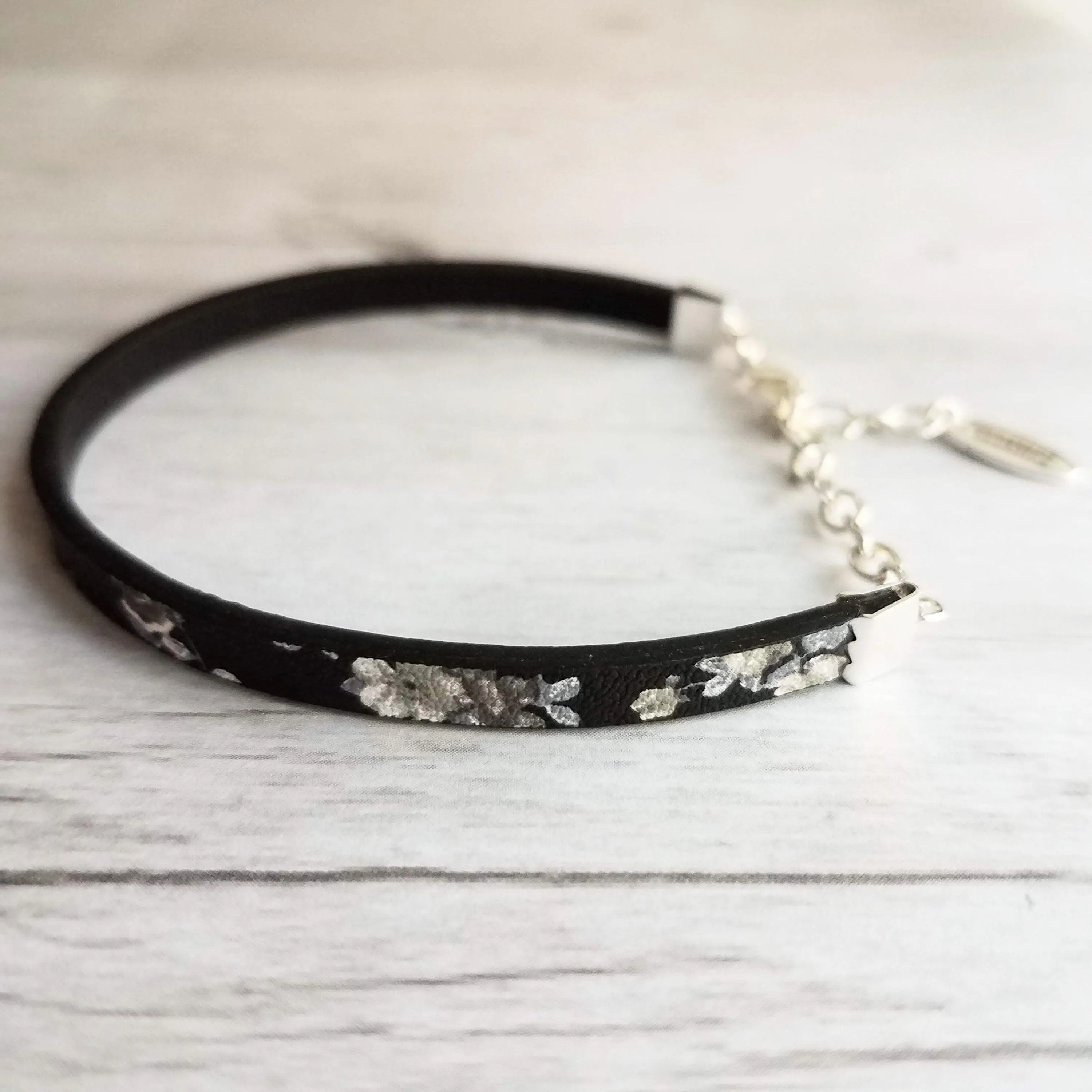 Black Wrap Bracelet, vegan leather bracelet, flat cord bracelet, black floral print, thin black bracelet, slim bracelet, silver chain flower