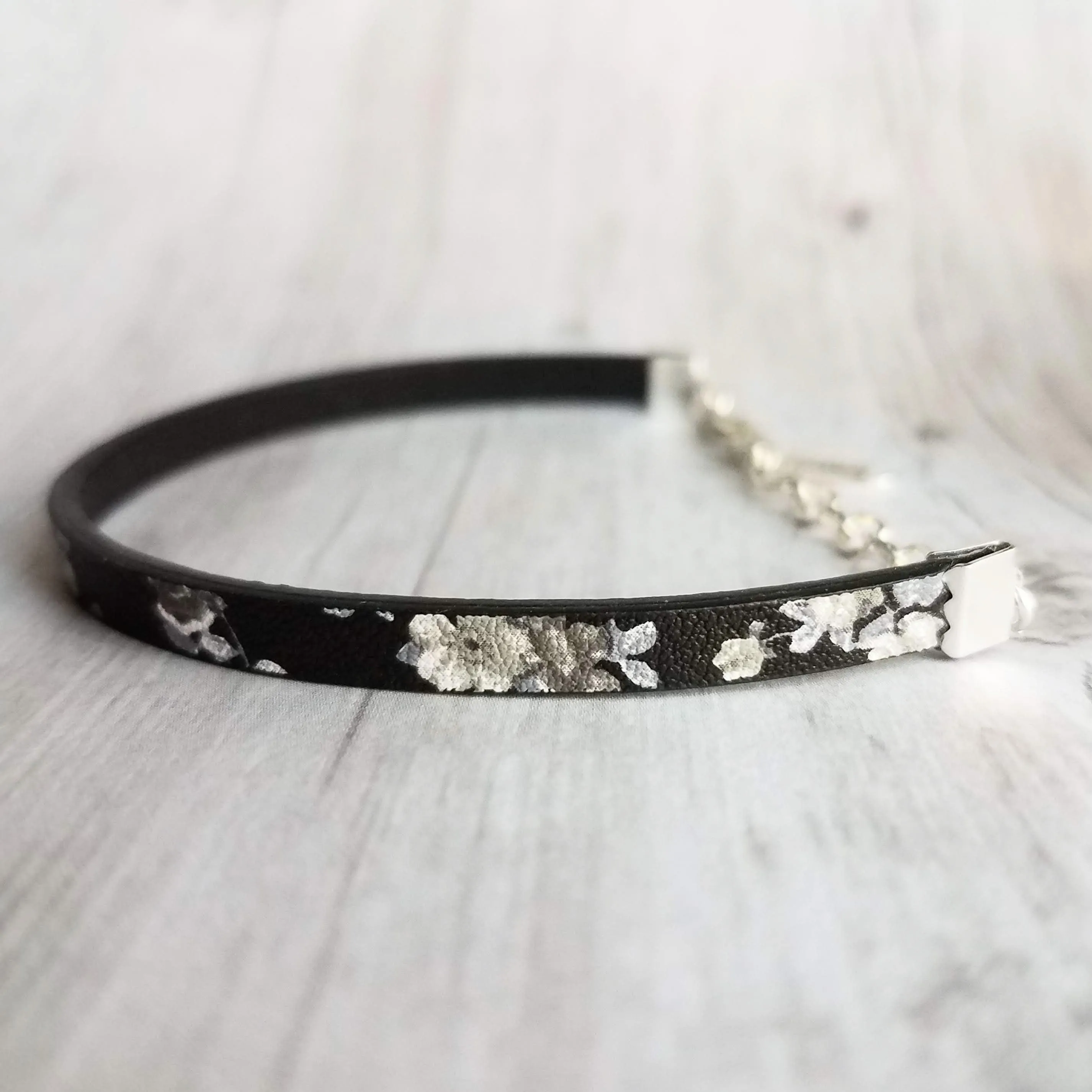 Black Wrap Bracelet, vegan leather bracelet, flat cord bracelet, black floral print, thin black bracelet, slim bracelet, silver chain flower