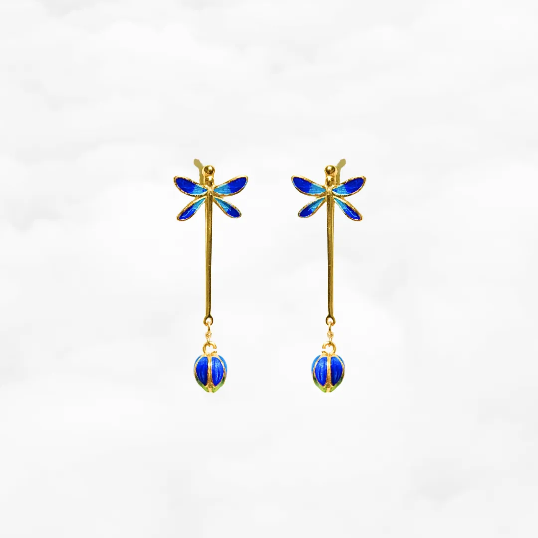 Blue Enamel Dragonfly Earrings
