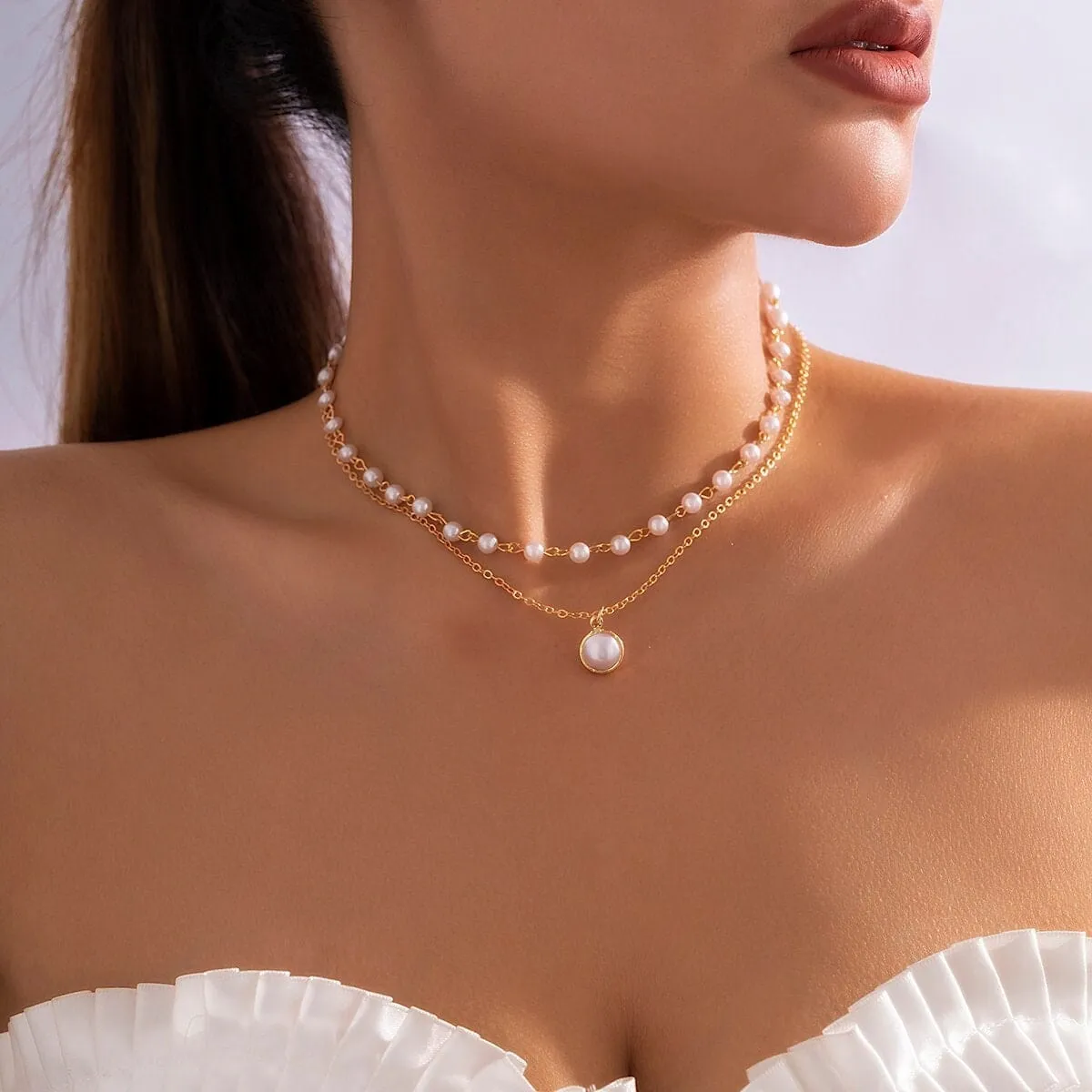 Boho Layered Pearl Pendant Cable Pearl Chain Choker Necklace Set