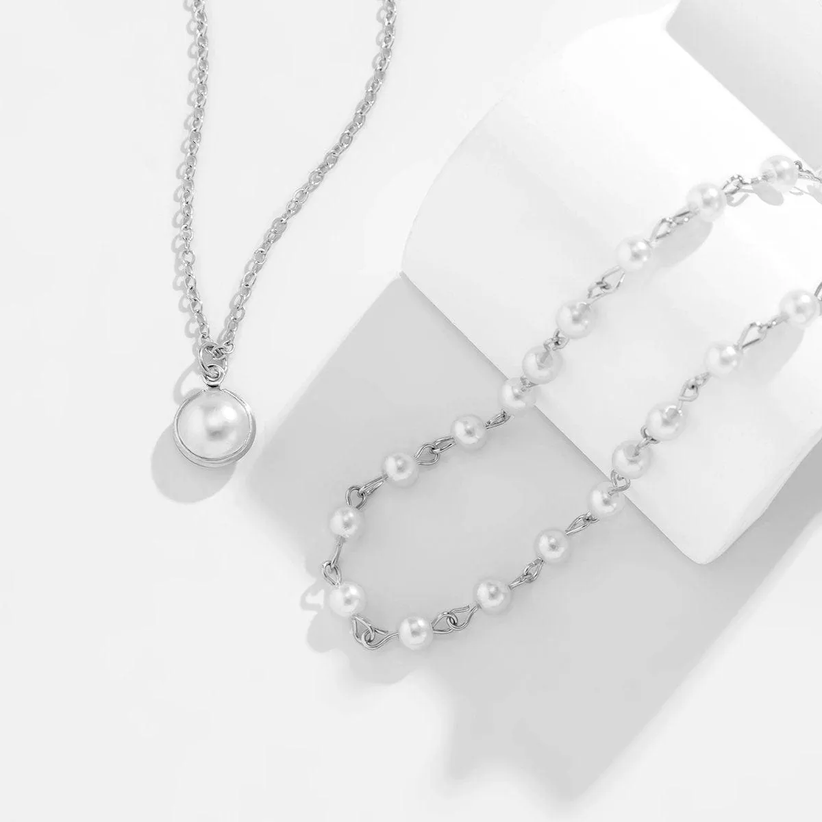 Boho Layered Pearl Pendant Cable Pearl Chain Choker Necklace Set
