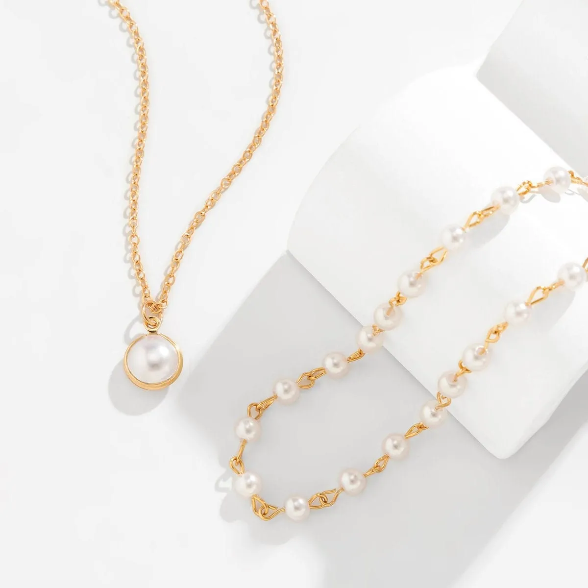 Boho Layered Pearl Pendant Cable Pearl Chain Choker Necklace Set