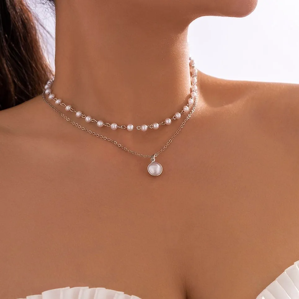 Boho Layered Pearl Pendant Cable Pearl Chain Choker Necklace Set