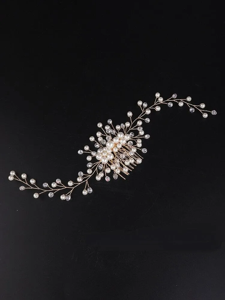 Bridal Pearl Hair Comb, Wedding Hairpiece, Bridal Pearl Head Piece, Hair Vine for Wedding, Large Bridal Hair Piece, Gold Wire Pearl Hairpin