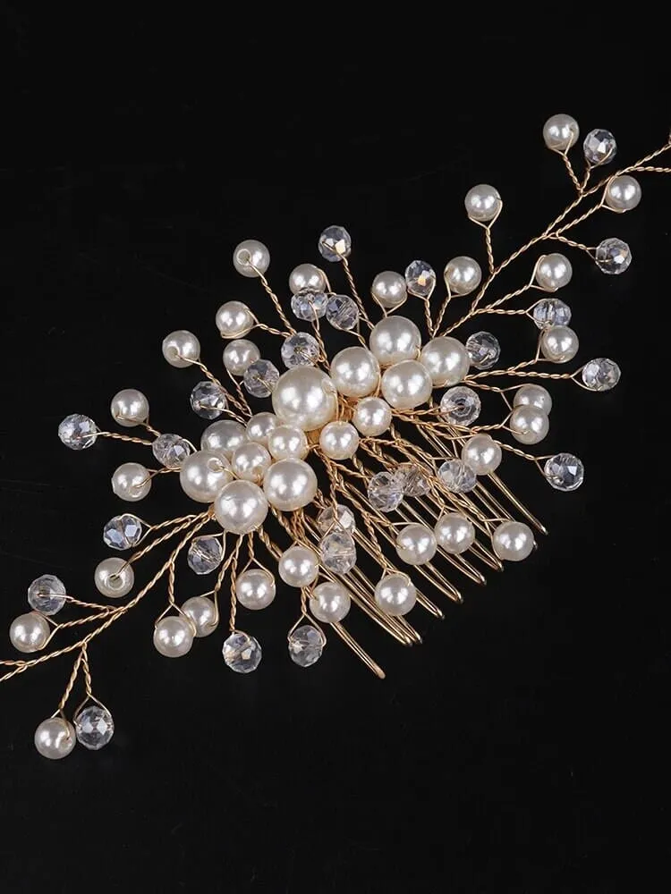 Bridal Pearl Hair Comb, Wedding Hairpiece, Bridal Pearl Head Piece, Hair Vine for Wedding, Large Bridal Hair Piece, Gold Wire Pearl Hairpin