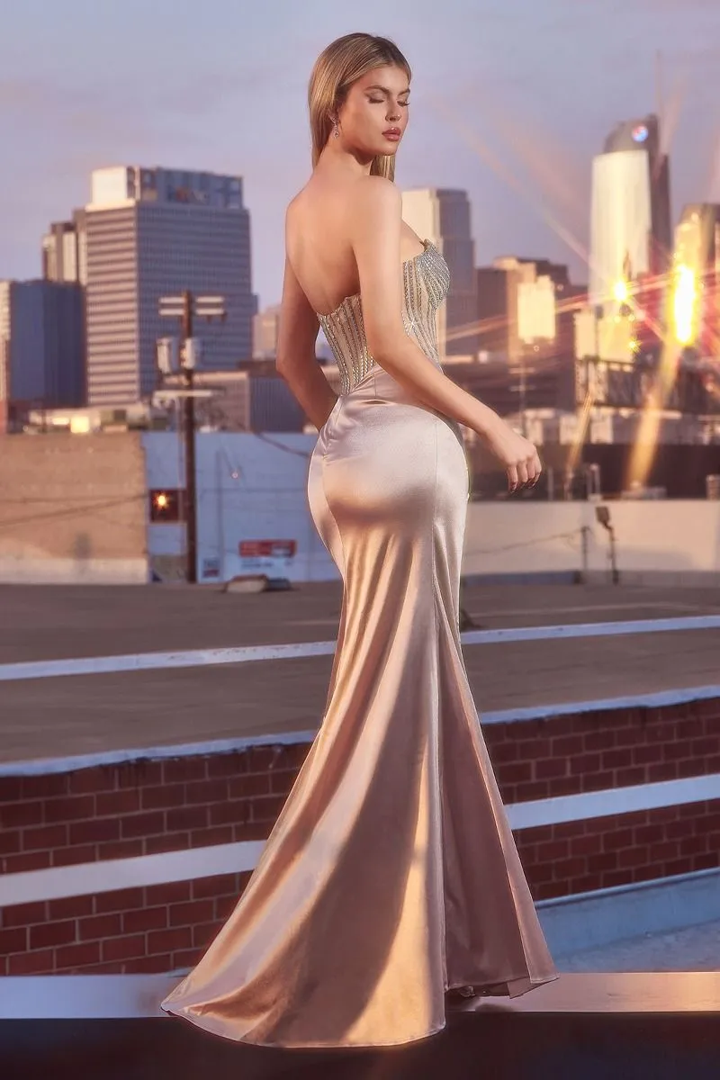 CD C161 - Strapless Crystal Embellished Fit & Flare Prom Gown with Leg Slit