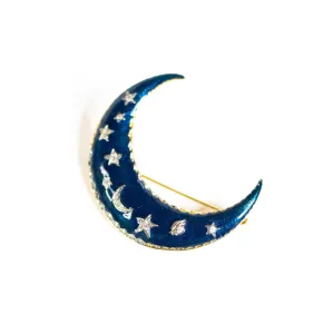 Celestial Blue Moon Brooch with Diamante Rhinestones Stars