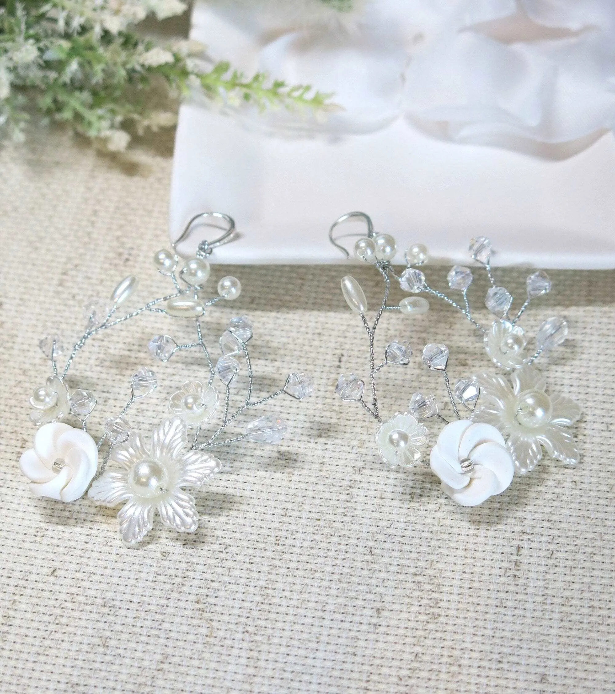 Ceramic Flower Wedding Earrings, Bridal Silver Wire Hoop Earrings, Large Crystal Hooped Floral Wedding Earrings