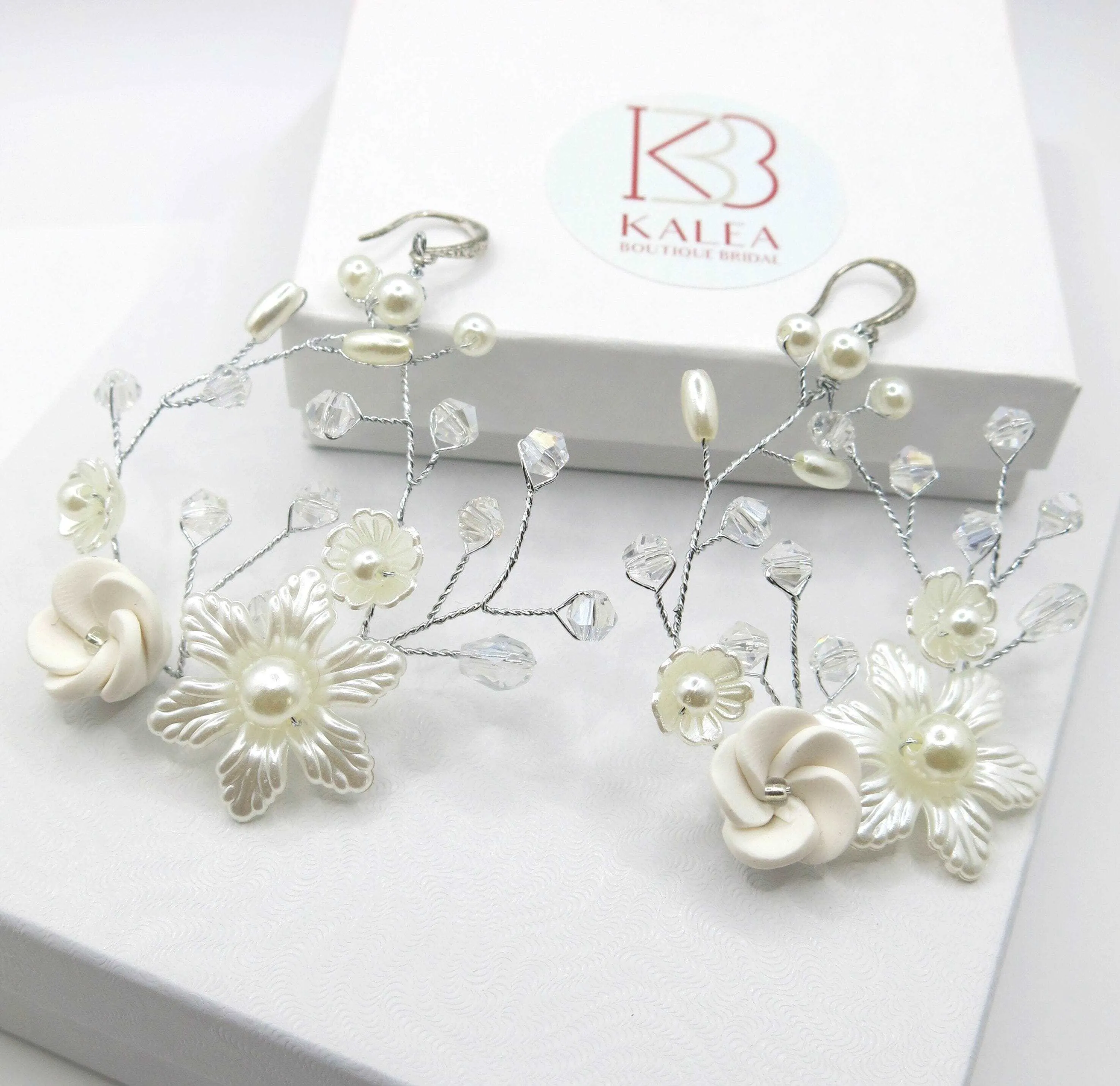 Ceramic Flower Wedding Earrings, Bridal Silver Wire Hoop Earrings, Large Crystal Hooped Floral Wedding Earrings