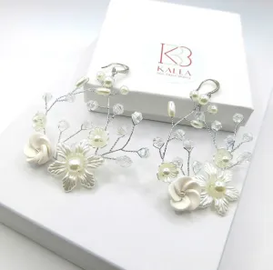 Ceramic Flower Wedding Earrings, Bridal Silver Wire Hoop Earrings, Large Crystal Hooped Floral Wedding Earrings