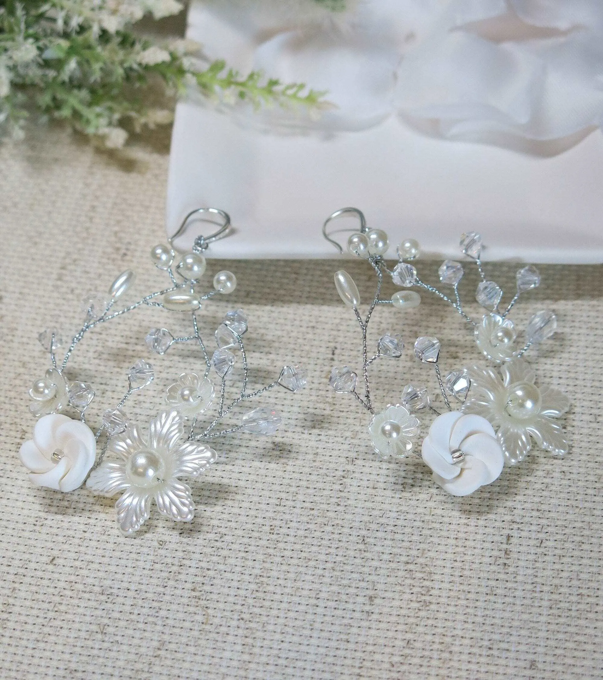 Ceramic Flower Wedding Earrings, Bridal Silver Wire Hoop Earrings, Large Crystal Hooped Floral Wedding Earrings