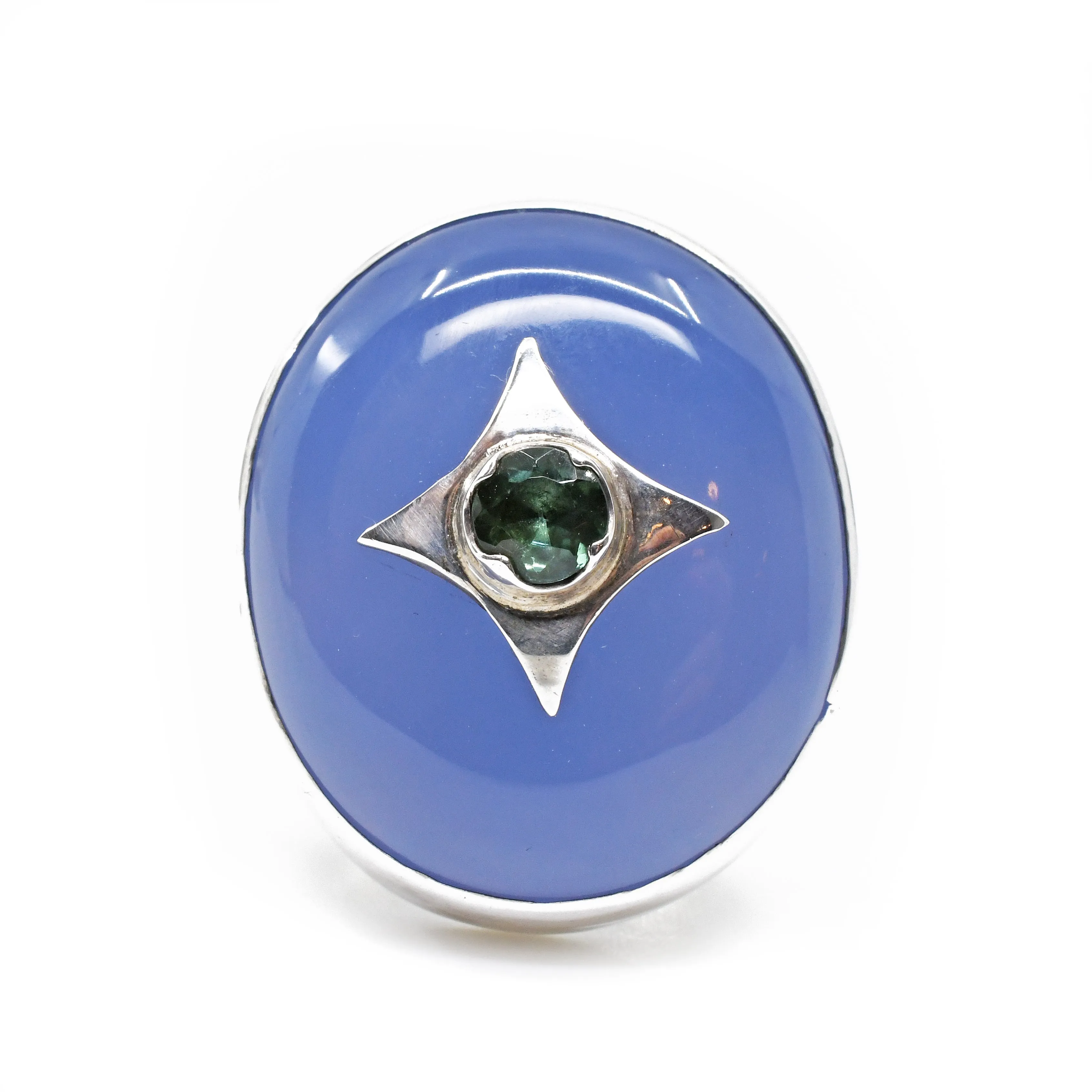 Chalcedony with Blue Tourmaline Gemstone Accent Handcrafted Sterling Silver Ring