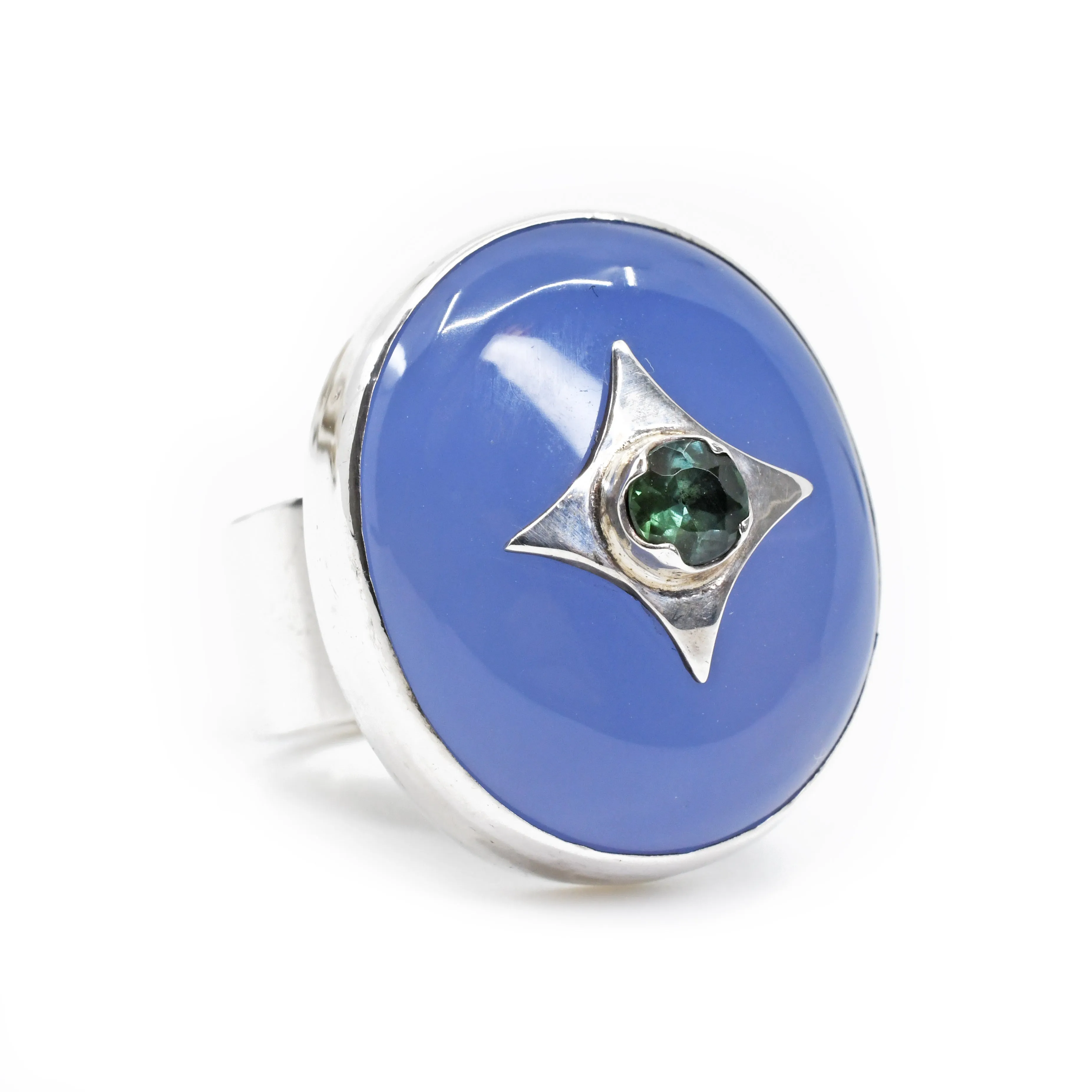 Chalcedony with Blue Tourmaline Gemstone Accent Handcrafted Sterling Silver Ring