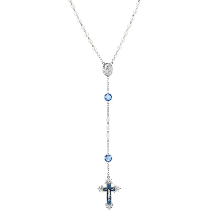 Channel Crystal Faux Pearl and Blue Hand Enamel Rosary