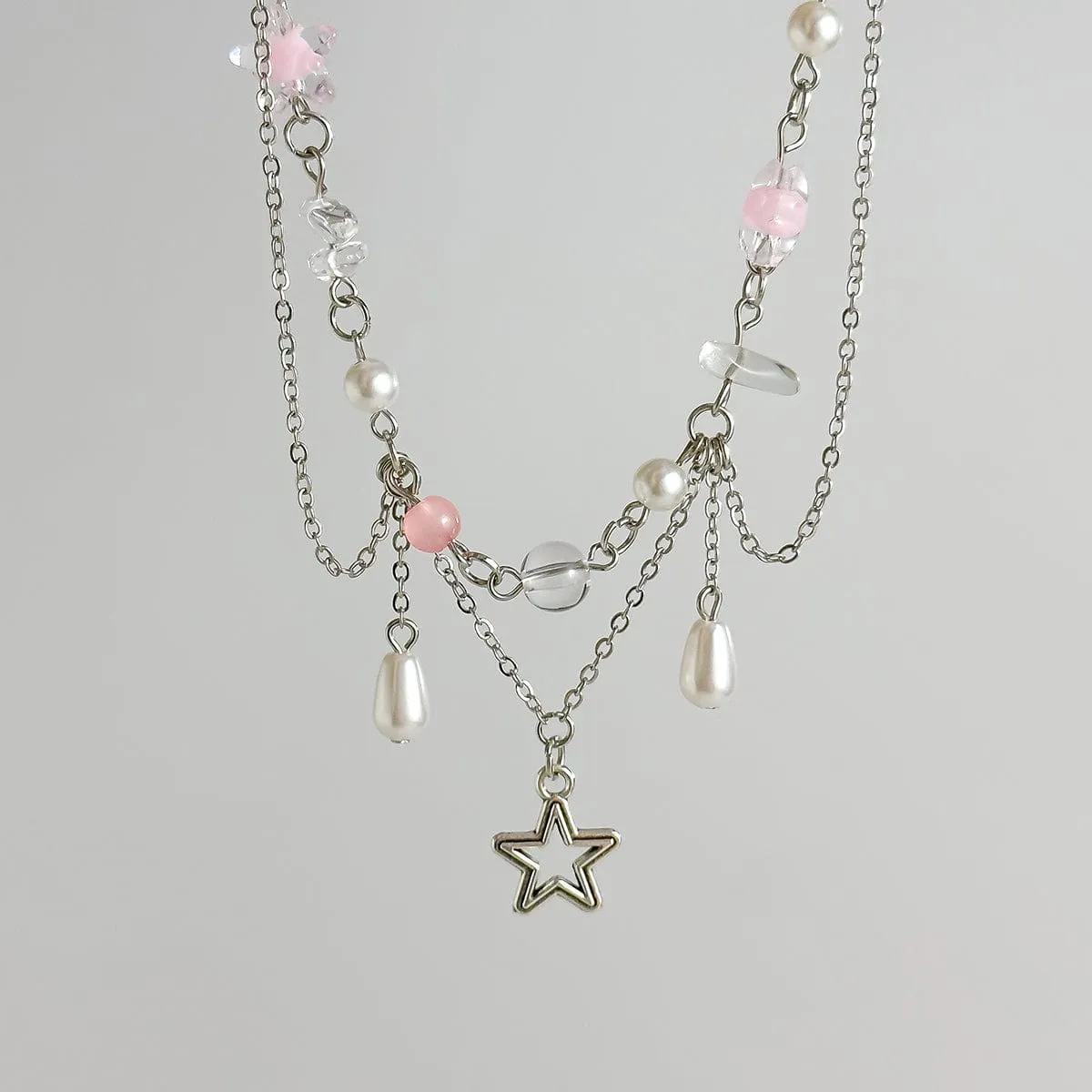 Chic Layered Hollow Star Pendant Pearl Crystal Chain Necklace