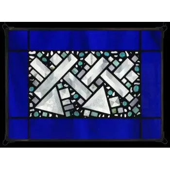 Cobalt Antique Border Geometric Stained Glass Window Panel by Edel Byrne
