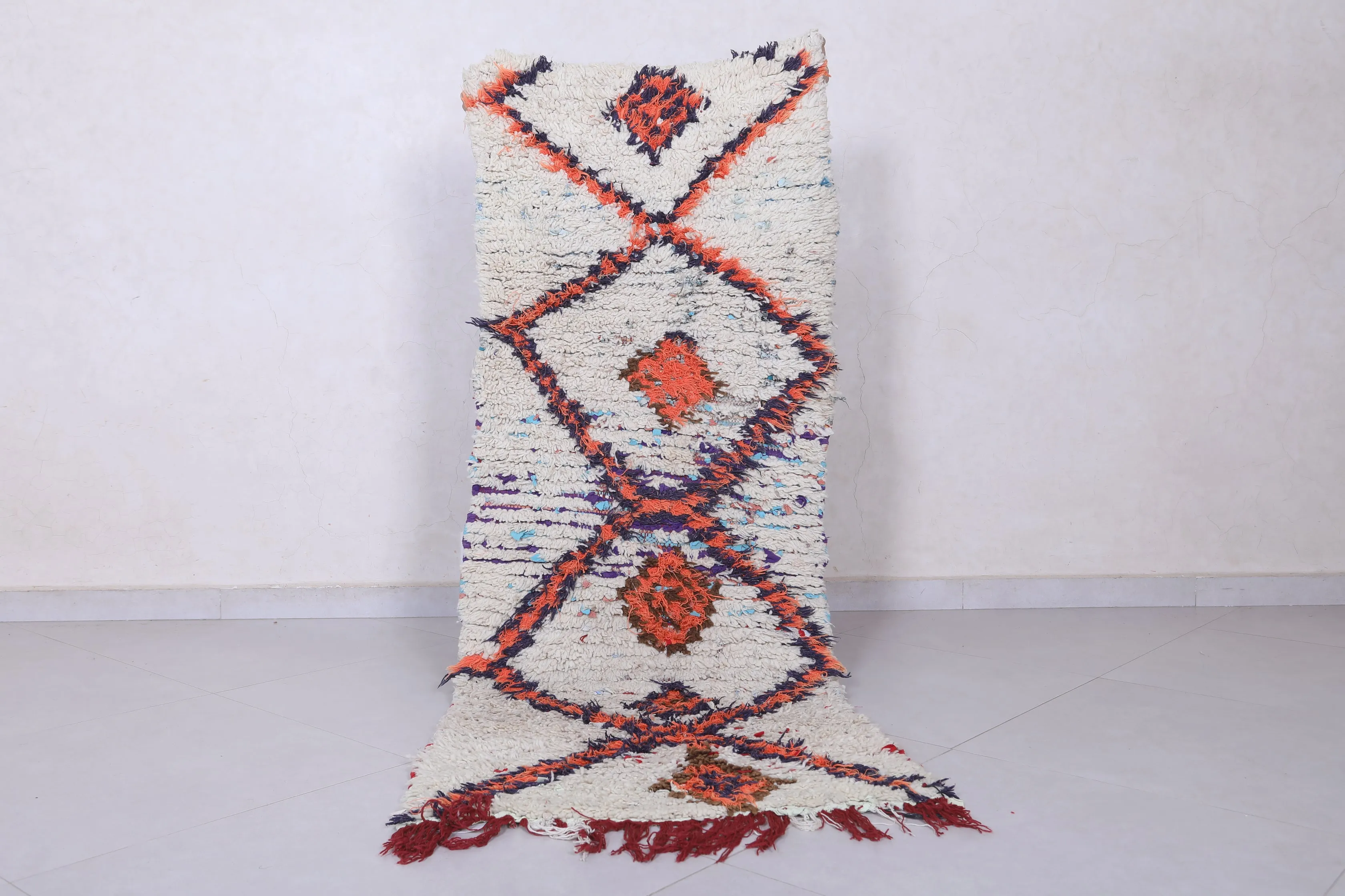 Cream Moroccan Rug with Vibrant Geometric Pattern - 2.2 x 5.6 Feet